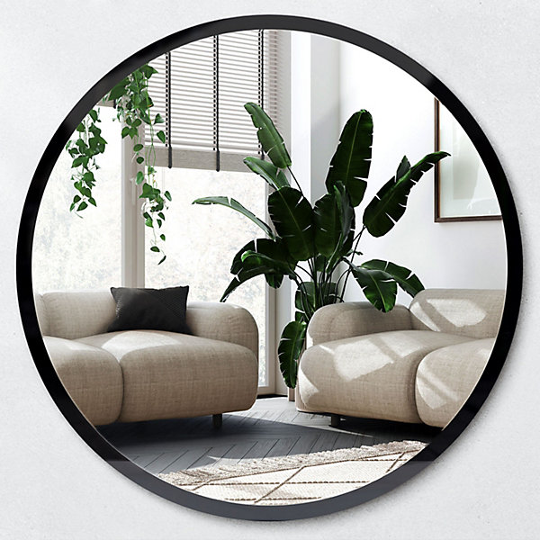 Miroir Rond Cadre Noir Tendance Wallfluent fi50 cm Design Brillant Salle de Bain Scandinave
