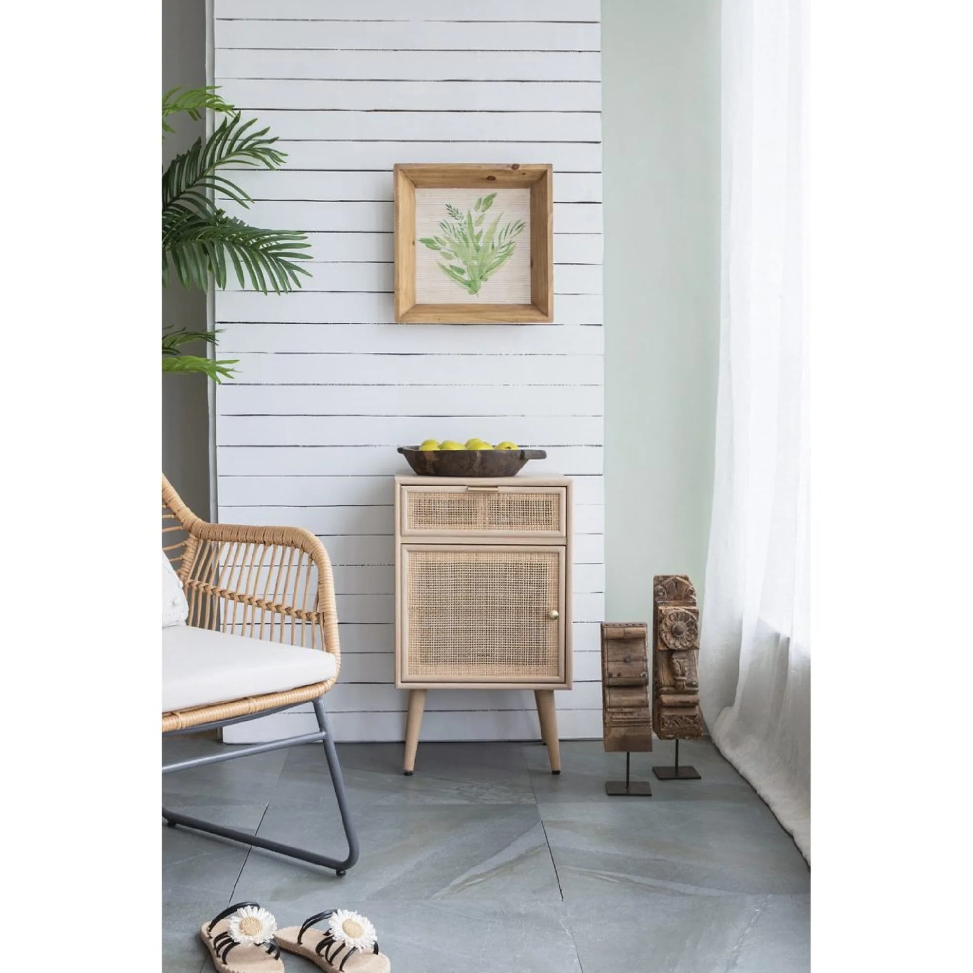 Tall Cabinet With Rattan Door and Drawer - 28 - Beige