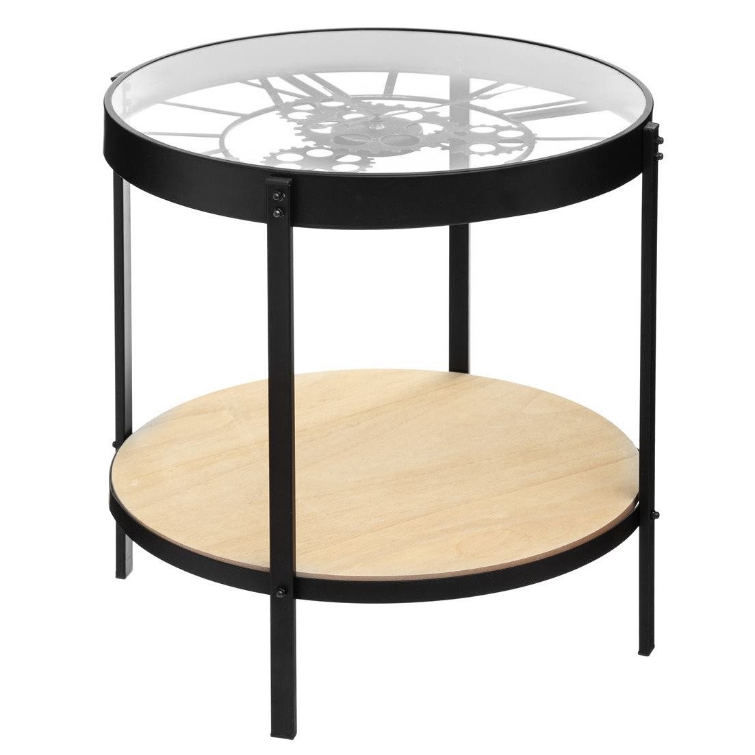 Stolik kawowy z zegarem i półką MECA, Ø 49 cm, metalowy