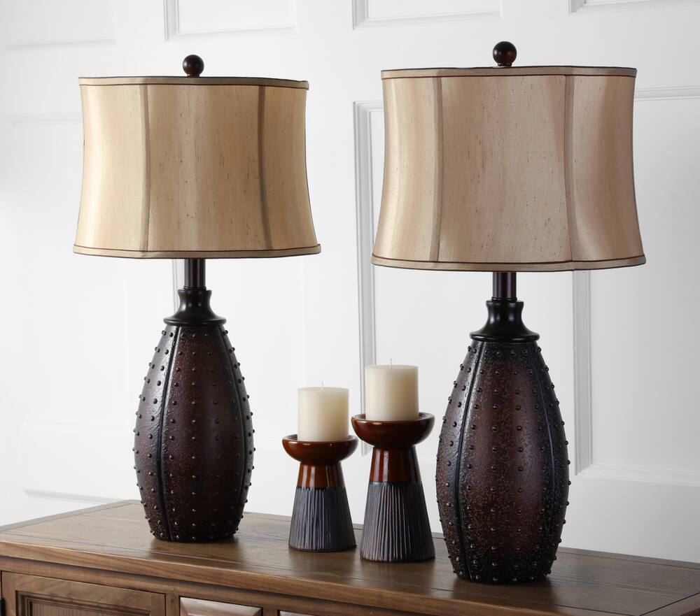 Safavieh Santa Fe Beige Silk Shade Faux-Leather Table Lamp Set, 28.5-in, Brown, 2-pk