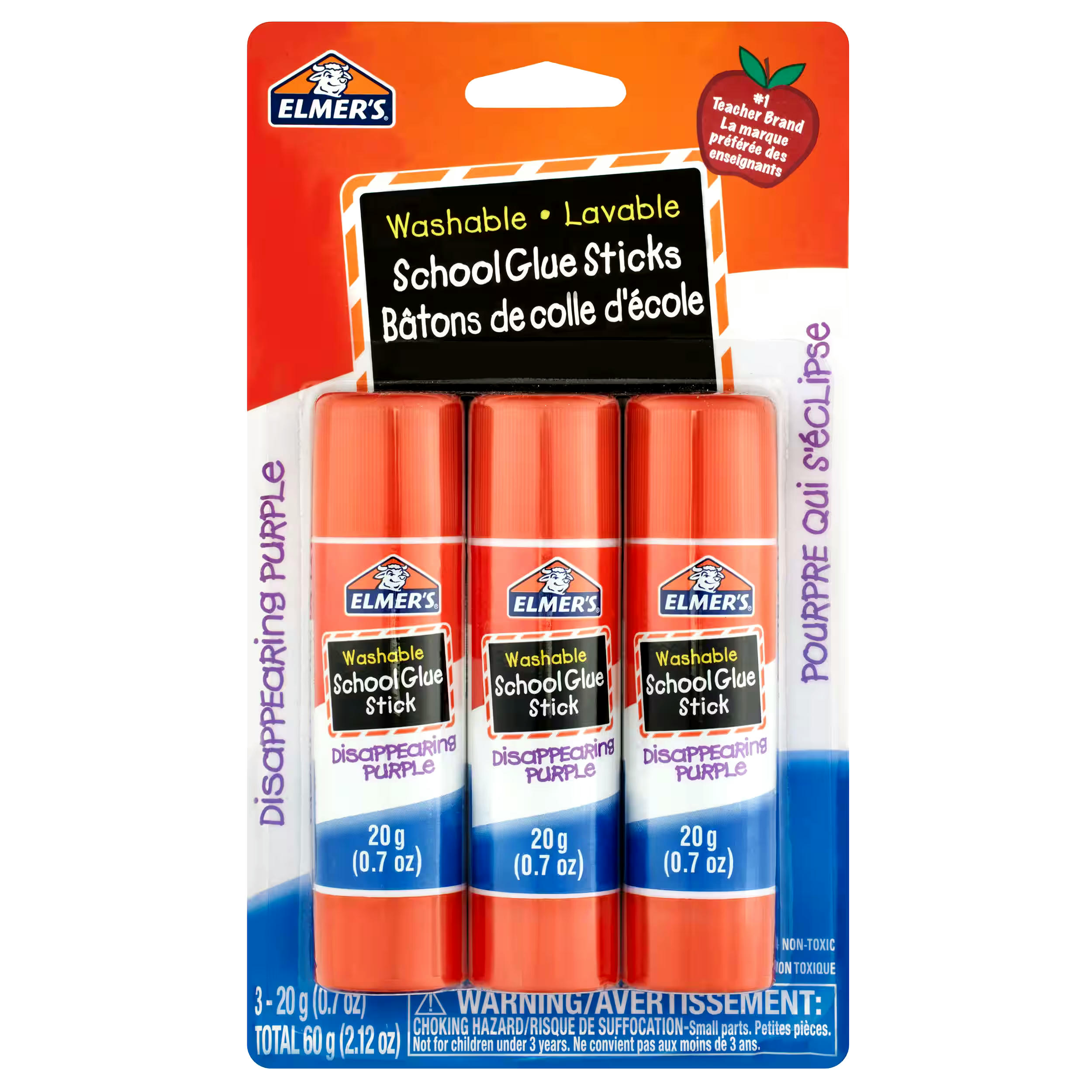 Elmer's Disappearing Purple School Glue Sticks, Washable, 20 g, 3 Count