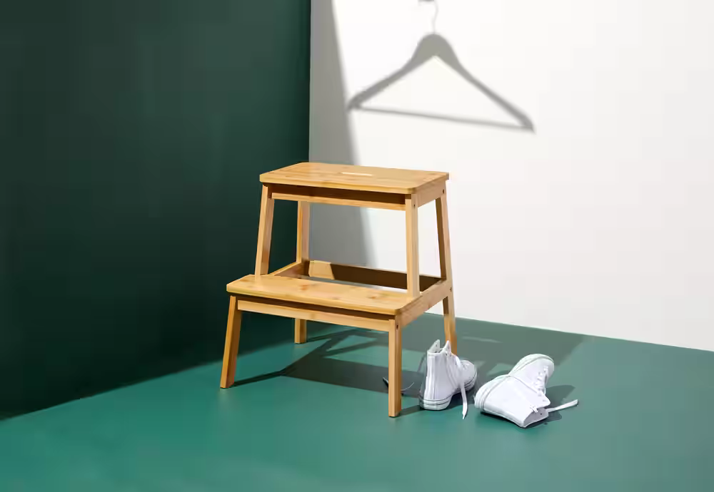 Type A Engrained Bamboo Wood Two-Step Stool For Kitchen & Bathroom, Natural, 17-in