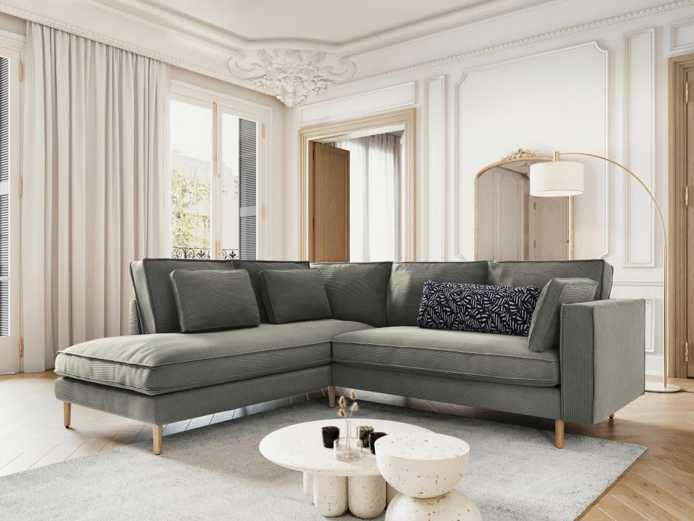 ALEXIS - Canapé d'angle 5 places en tissu structuré gris clair