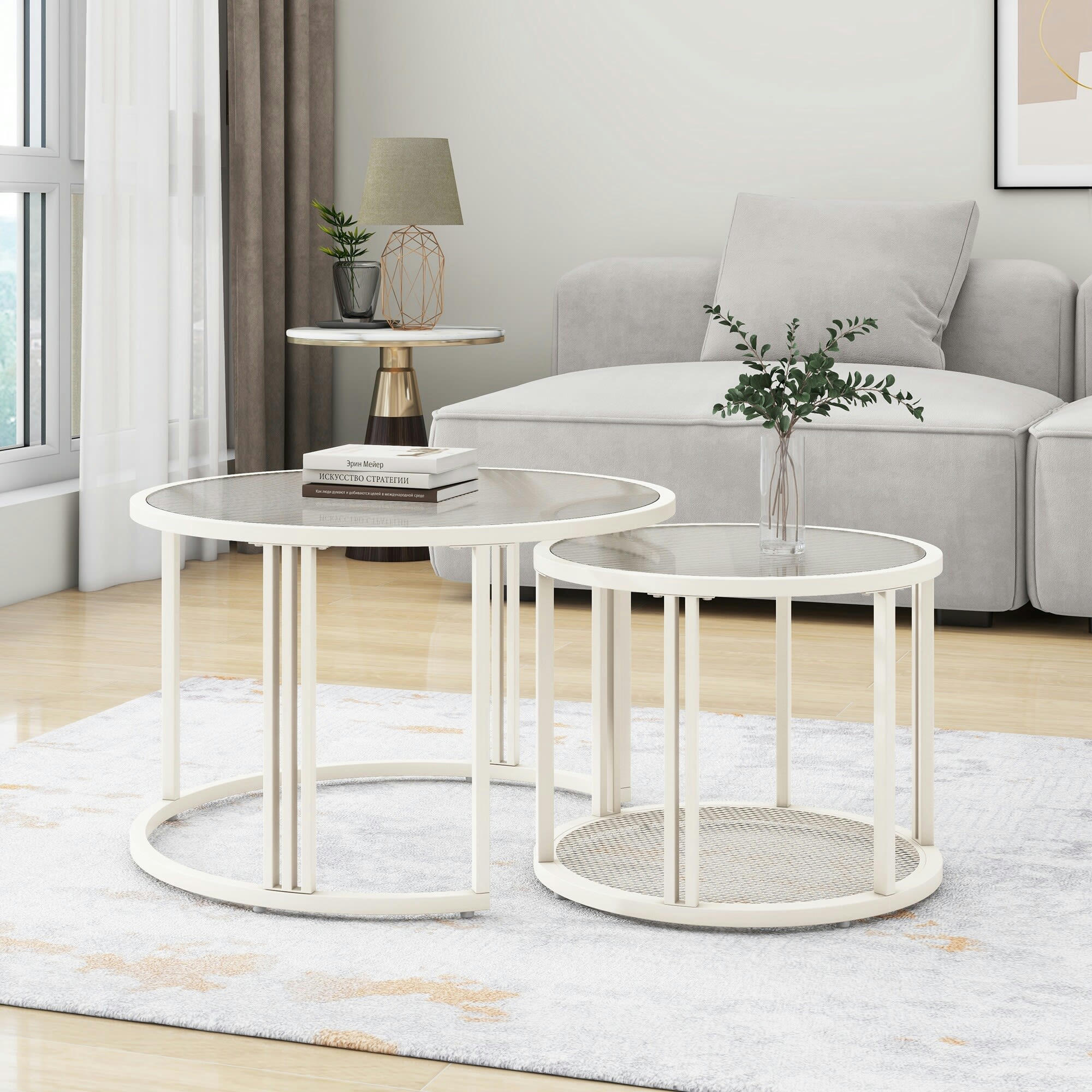 - Lot de 2 tables basses gigognes verre ondulé structure blanc