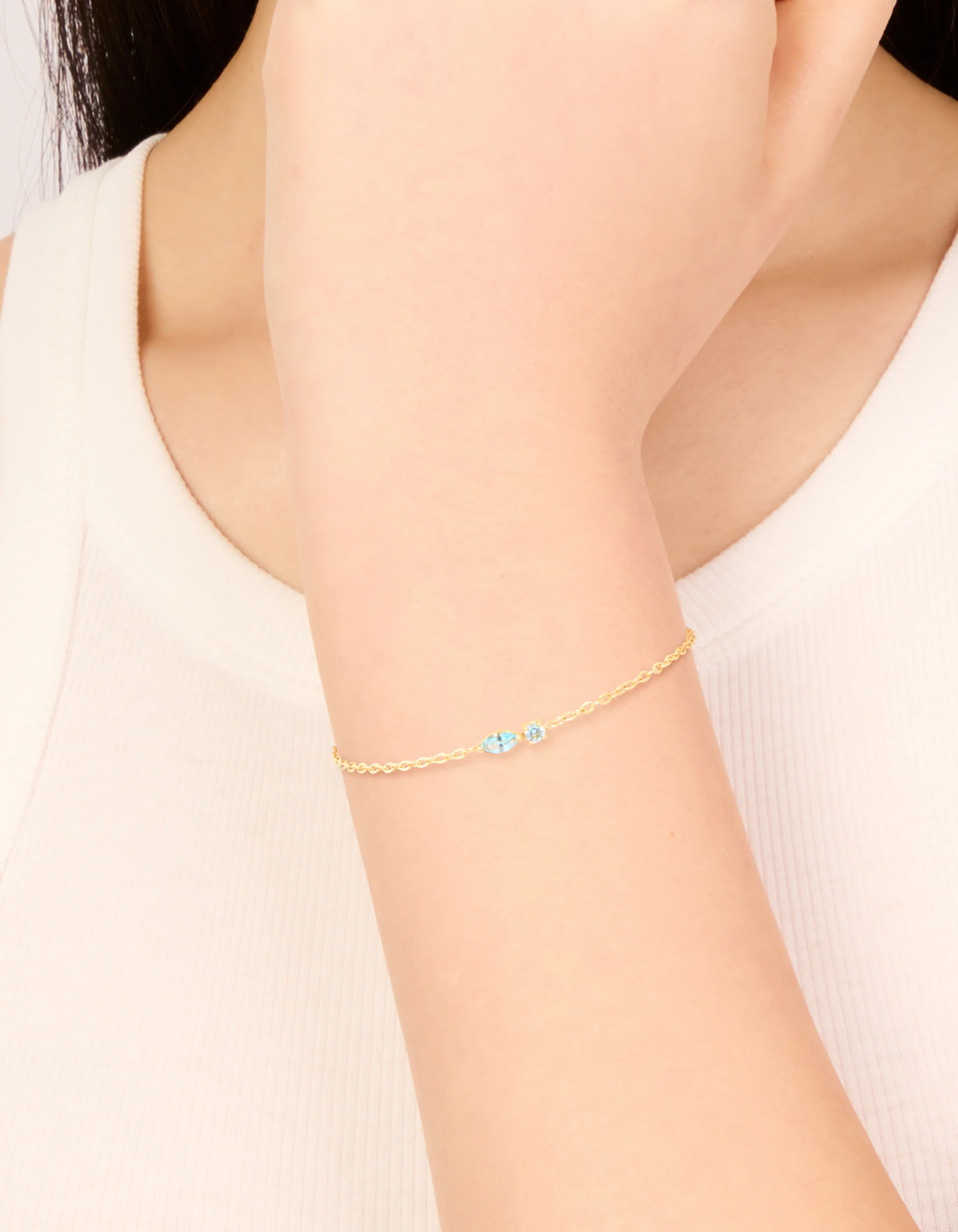Waterproof Gold Plated Stainless Steel March Light Blue Cubic Zirconia Birthstone Bracelet