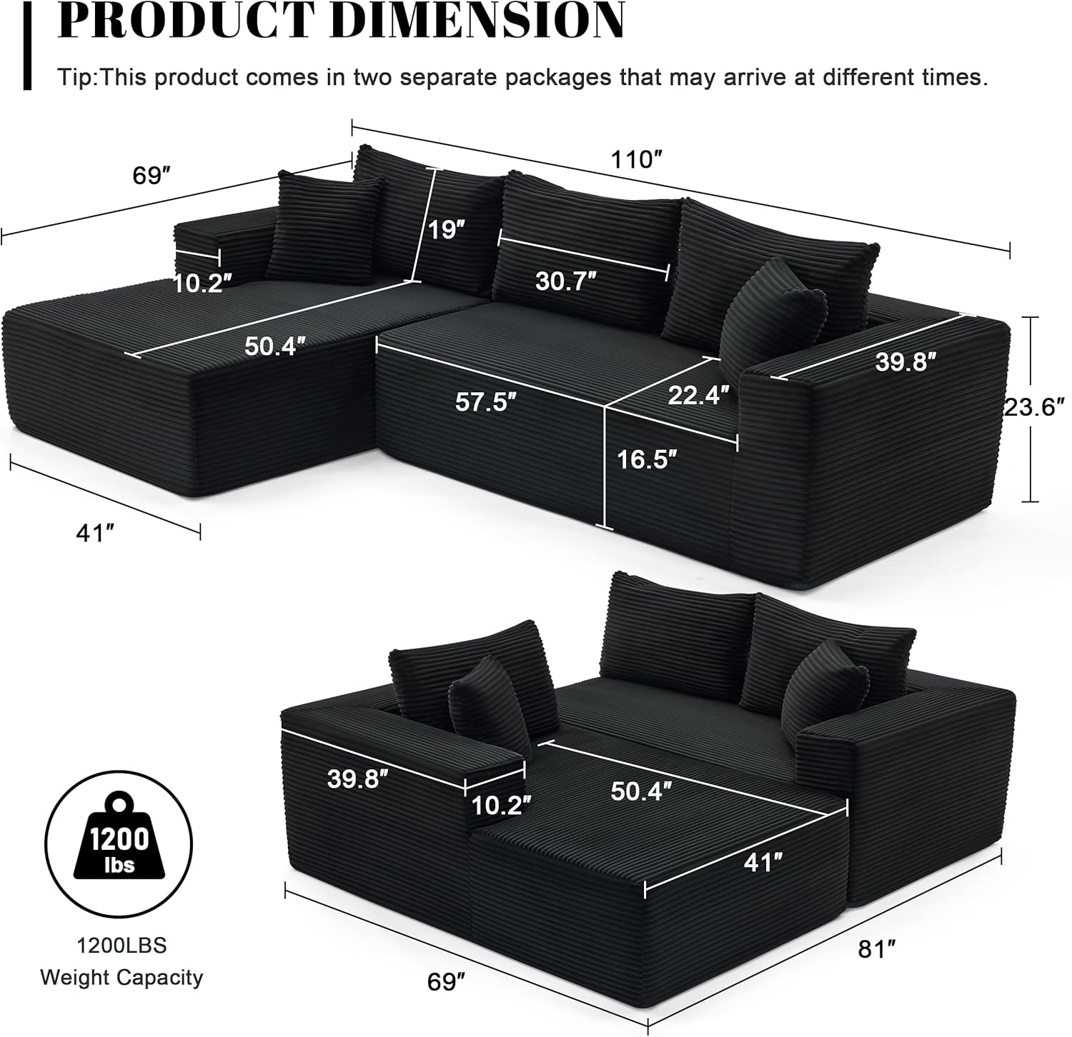 110” Cloud Sectional Couch, Boneless Sofa for Living Room, Modular Sectional Sofa with Deep Seat, Comfy Fluffy Couch with L-Shaped Chaise, No Assembly Required (Left-Facing Chaise, Black)