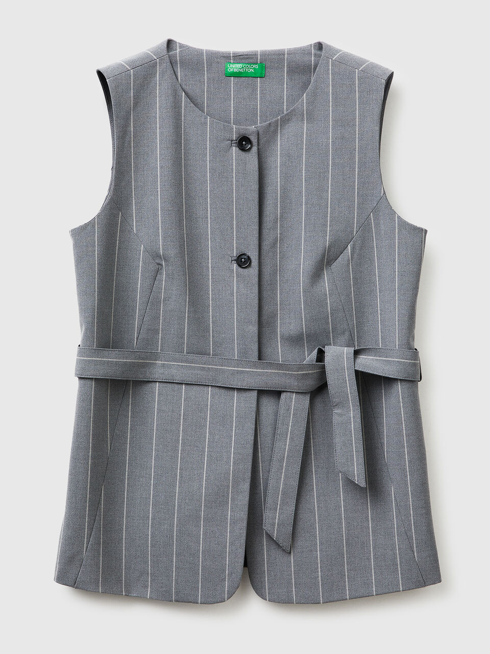 Long pinstriped waistcoat with belt