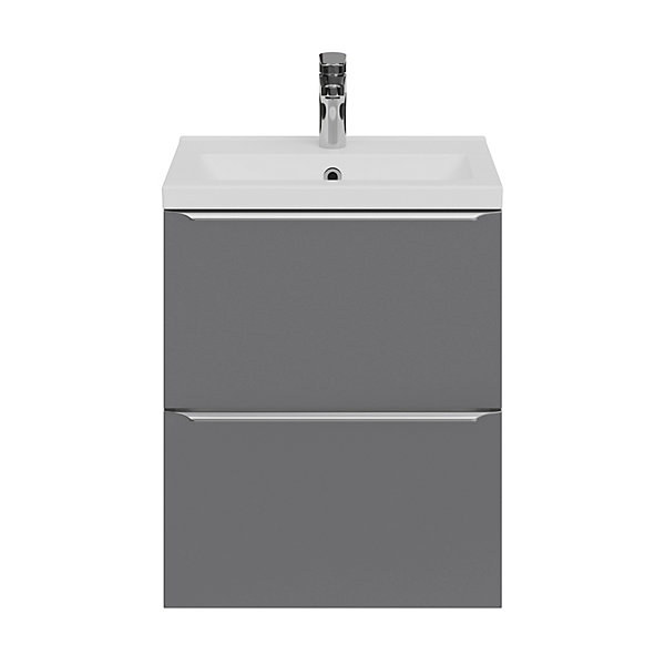 Meuble vasque suspendu faible profondeur gris brillant l.50 cm Imandra   plan vasque blanc céramique Nira, GoodHome