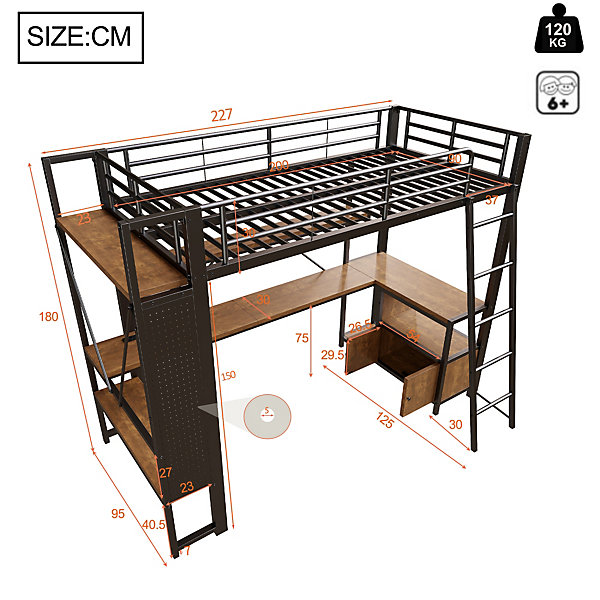 Lit mezzanine enfant en fer 90x200 cm,LED,USB,bureau,espace de rangement,étagères,panneau perforé,cadre de lit superposé,Noir