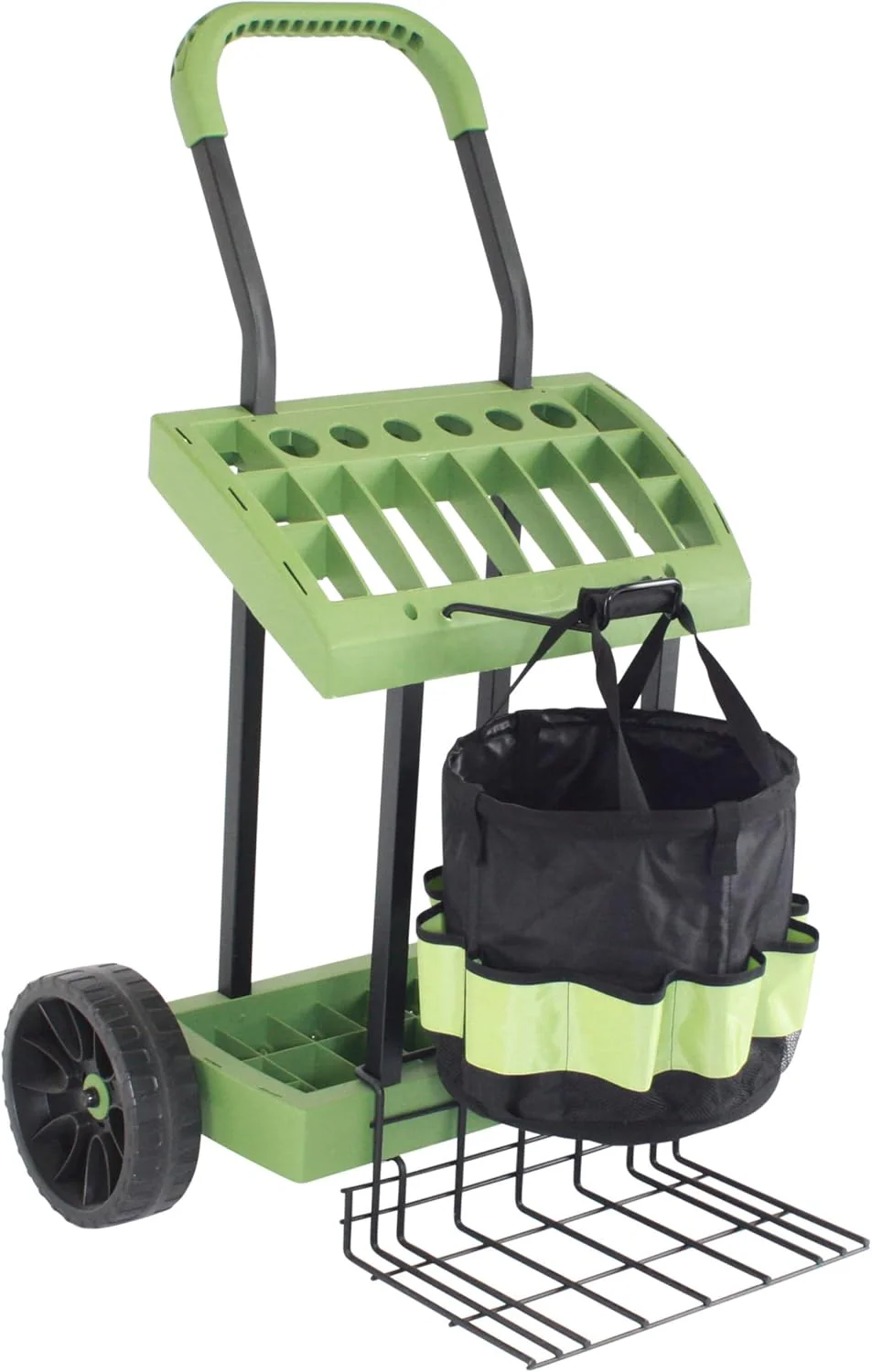Garden Tool Carrier with Loading Bucket  Lift Board, Wheeled Tool Bag for Rakes, Shovels, Hoes Storage  Transport