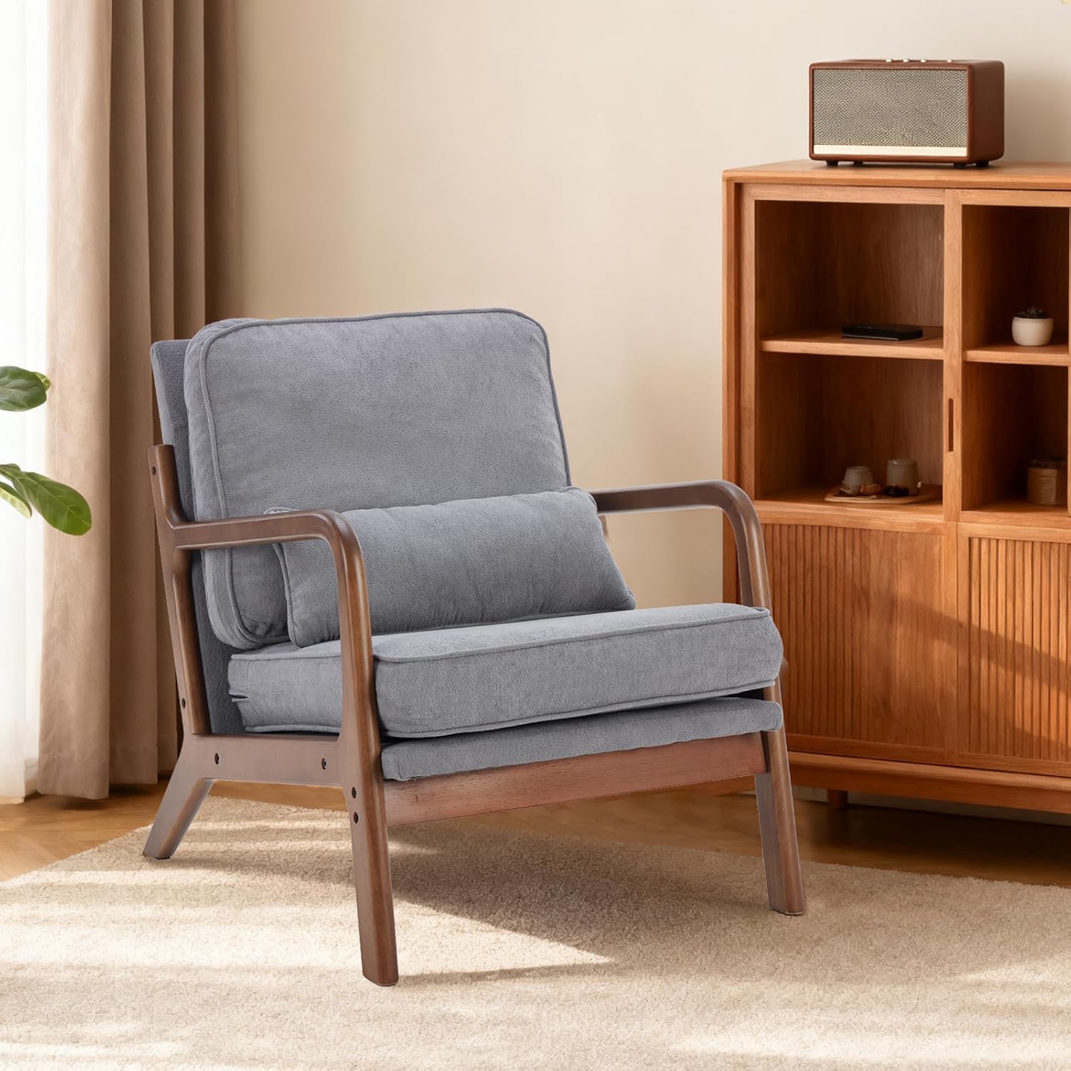 DUMOS Mid Century Accent Chair, Modern Living Room Chair with Arms and Waist Cushion, Reading Chairs for Adults, Lounge Chair for Bedroom, Solid Wooden Frame, Light Grey