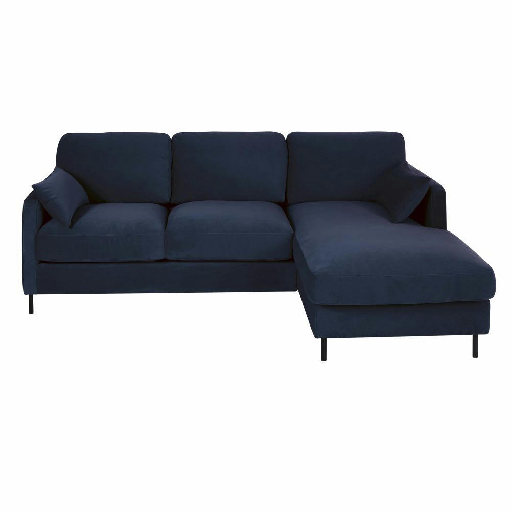 Julian - Canapé d'angle droit 3/4 places en velours bleu nuit
