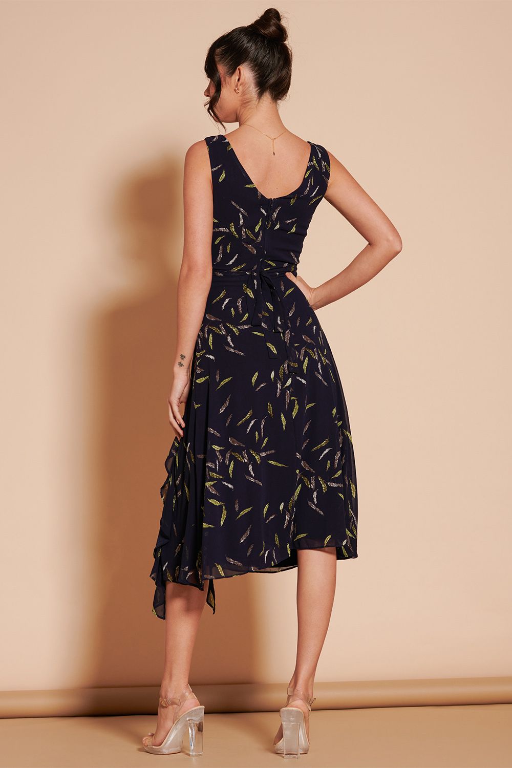Jolie Moi Print Frill Hem Chiffon Midi Dress