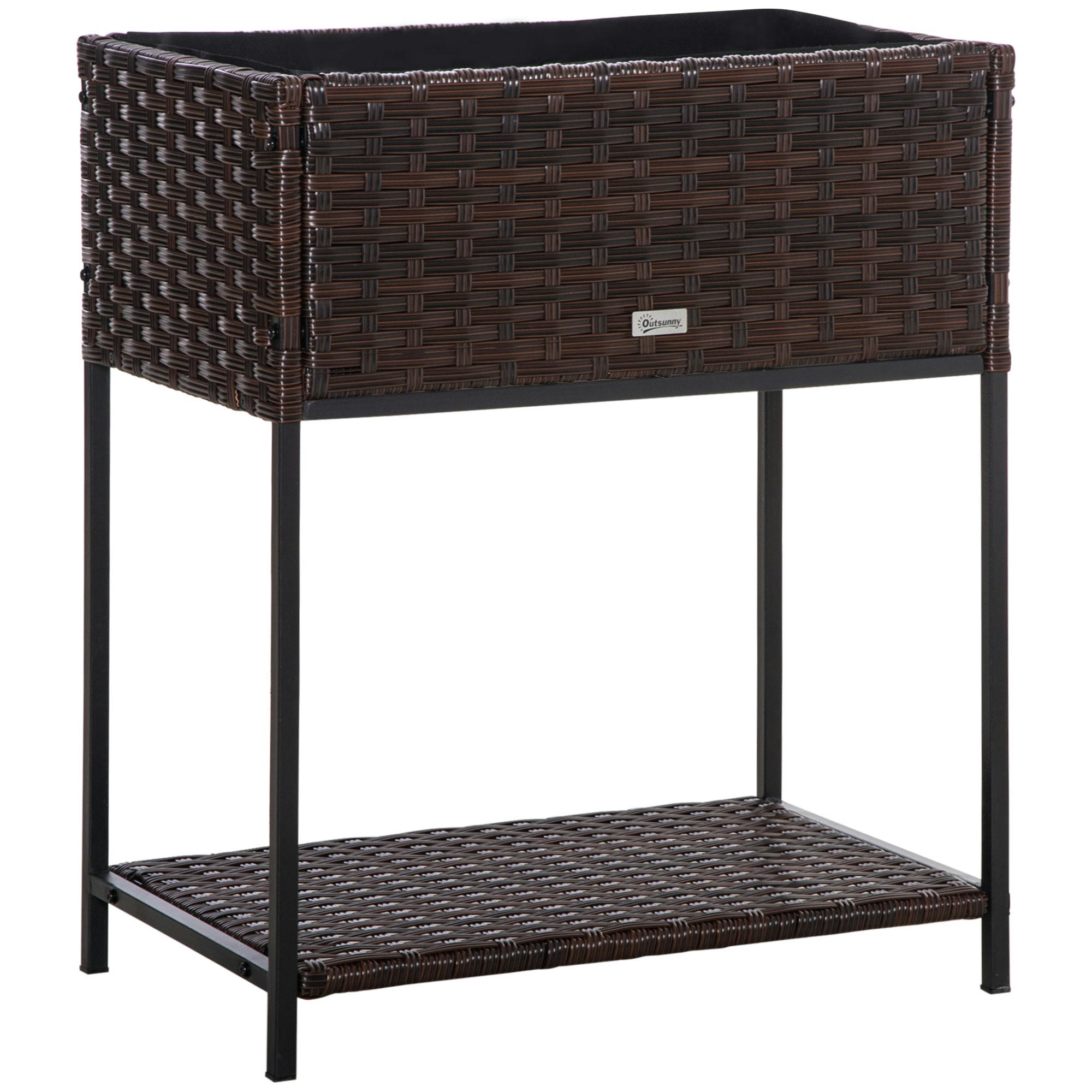 - Jardinière sur pieds avec étagère - résine tressée aspect rotin marron