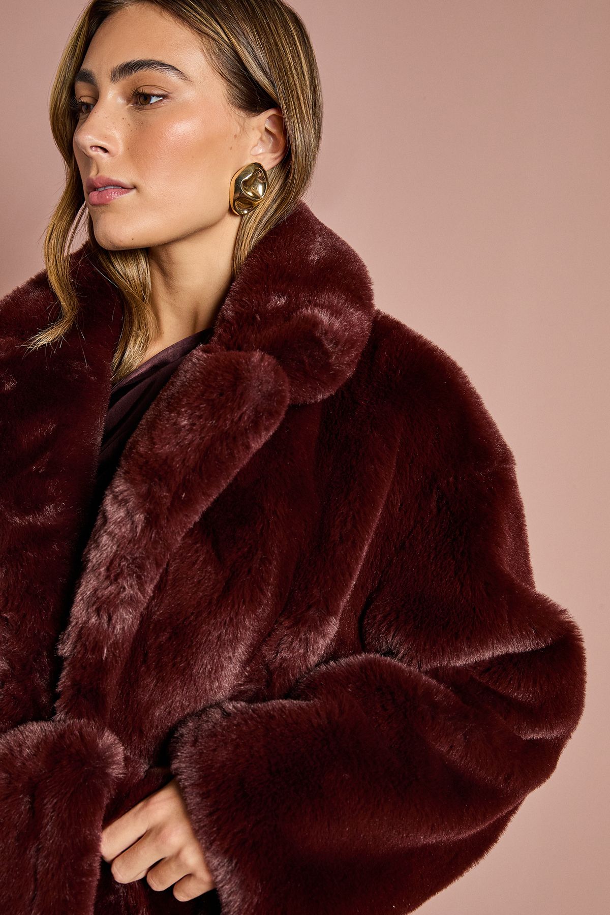 Coast Burgandy Occasion Belted Longline Faux Fur Coat