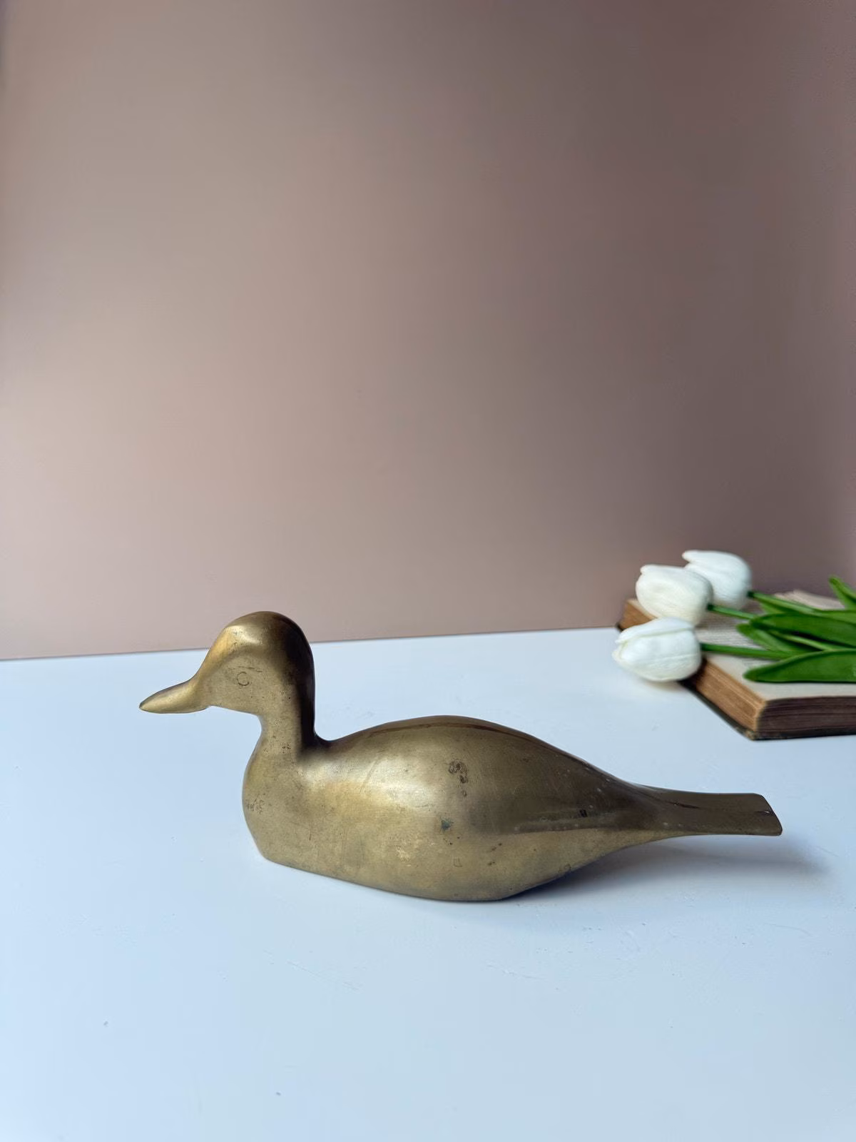 Vintage Solid Brass Duck Figurine | Mallard Decoy | MCM Shelf Decor Paperweight