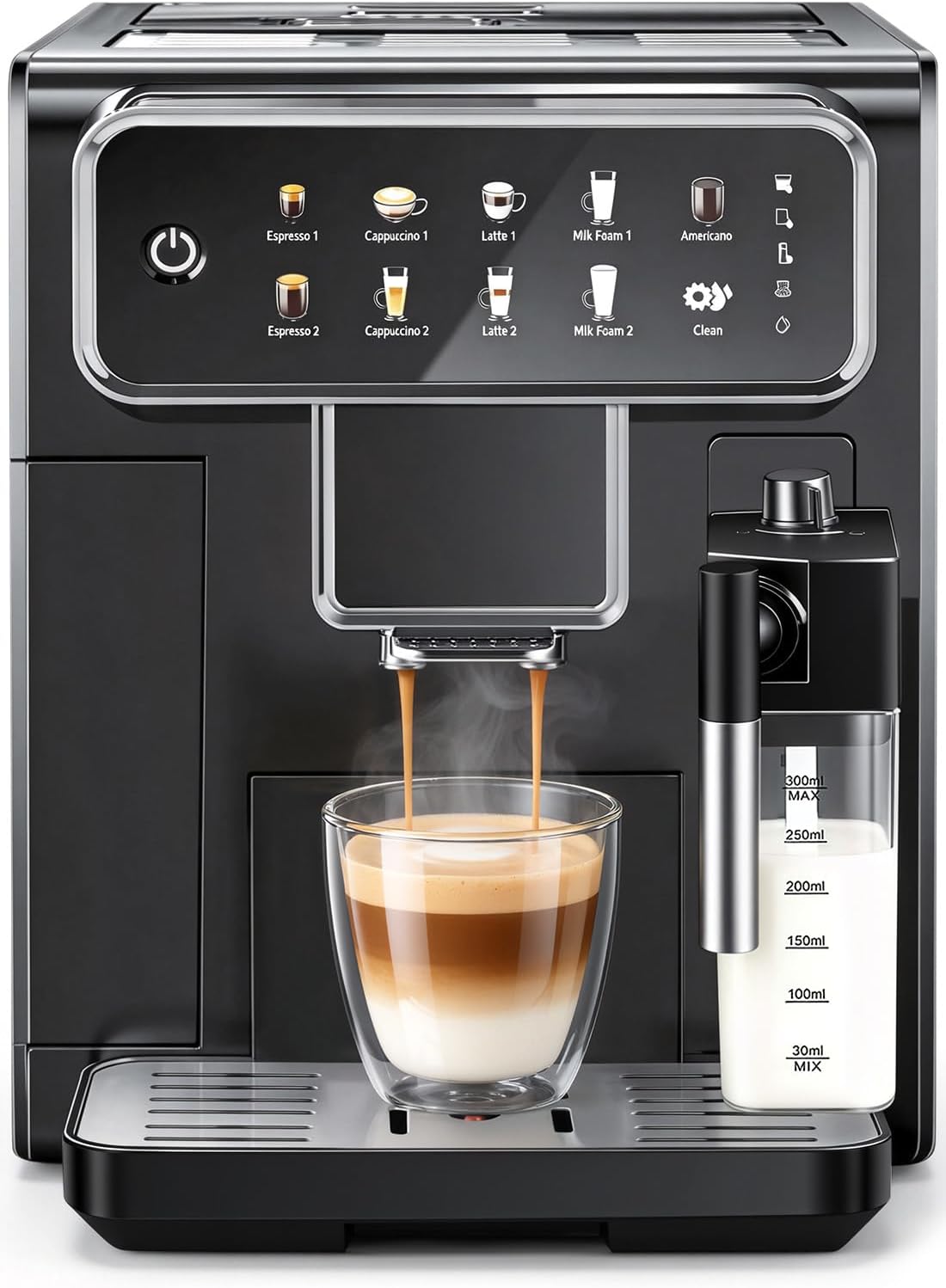 Automatic Espresso Machine with Grinder and Milk Frother - Grinder Coffee Machine Expresso Maker with 7 One-Touch Coffee Recipes for Latte, Cappuccino, Americano, Iced and Hot Coffee (Black)