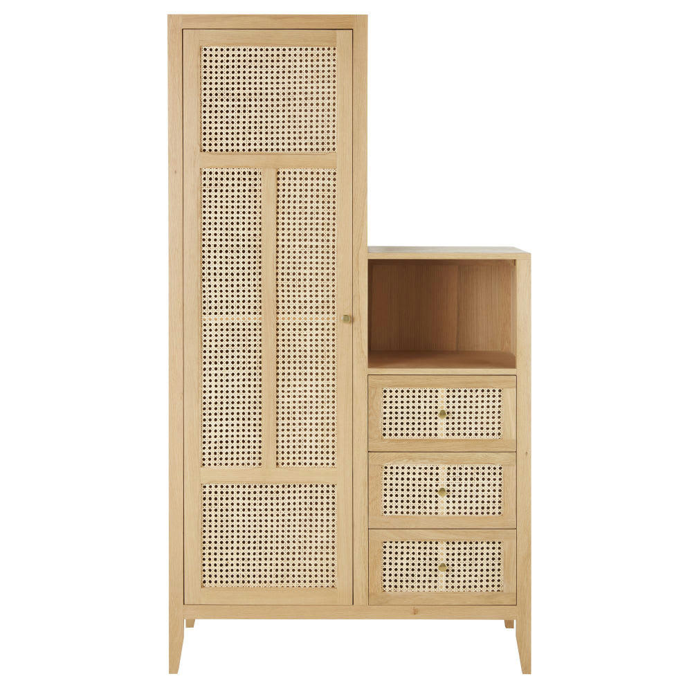Chamarel - Armoire asymétrique 1 porte 3 tiroirs cannage en rotin beige