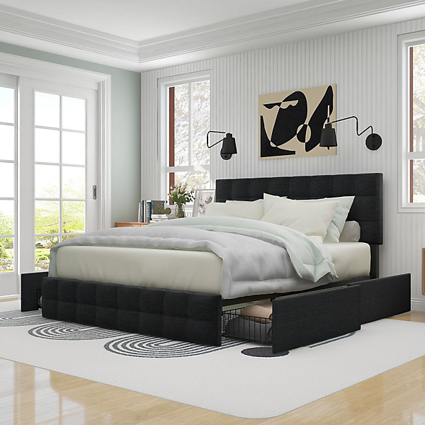 Lit Double 140x200 cm - Lit Ado avec 4 Tiroirs et Tête de Lit Réglable, en Tissu Lin, Style moderne, sans Matelas, Noir