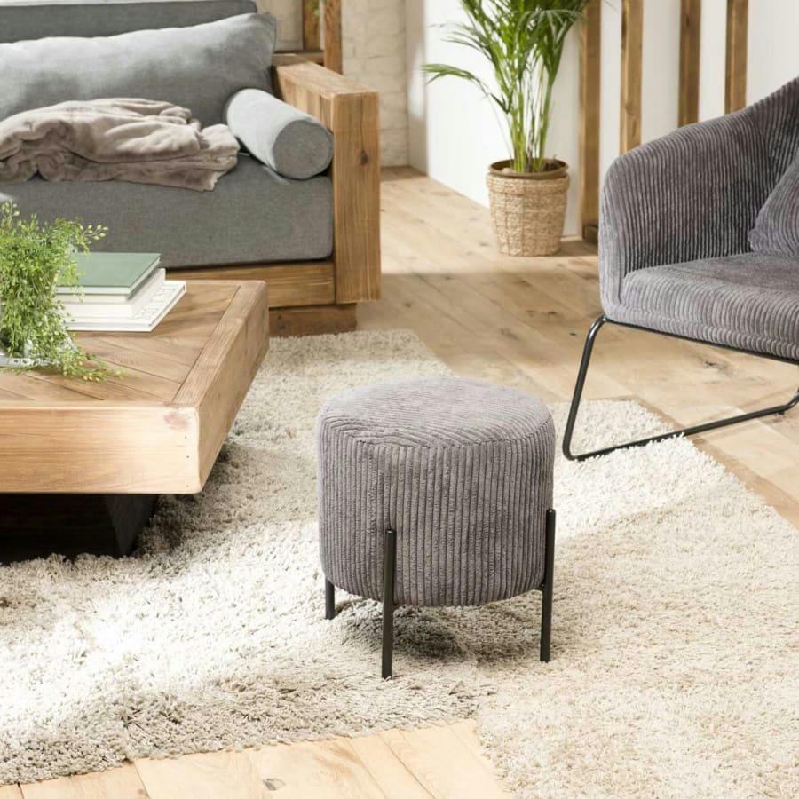 ALBANE - Tabouret rond en tissu velours cotelé gris anthracite pieds en métal
