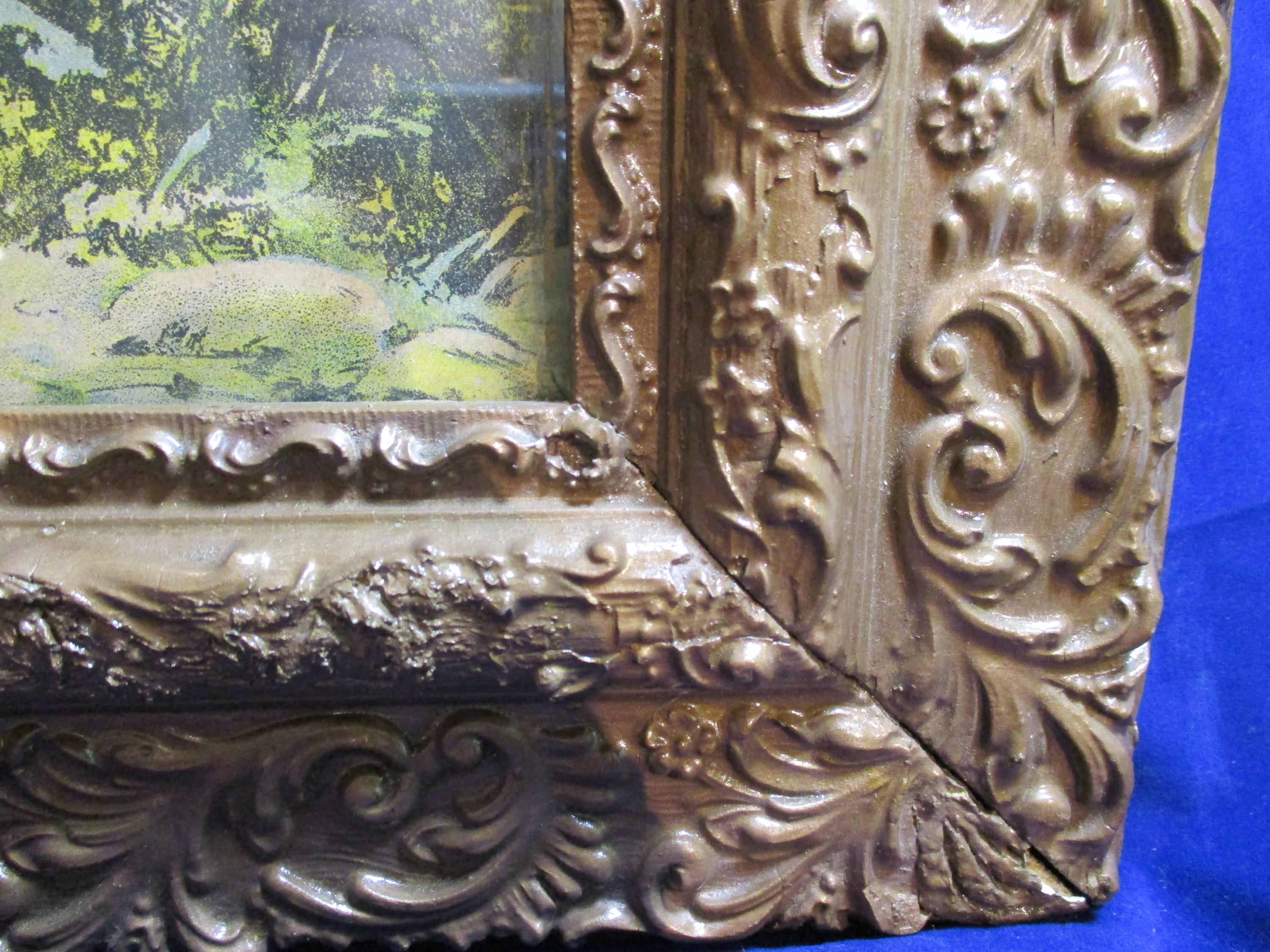 A Vintage Lithograph of a Woodland Scene...Framed in a Very Ornate Solid Wooden Frame.
