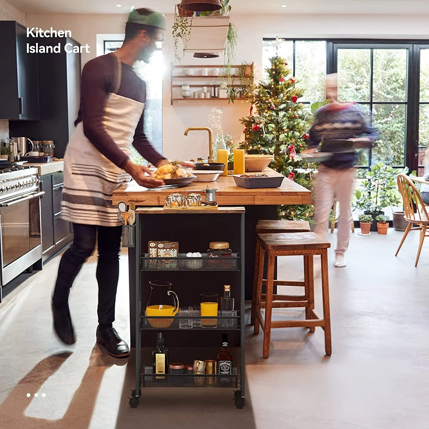 Kleio Wood Kitchen Cart 4-Tier Storage Mobile Utility with Wheels and Baskets