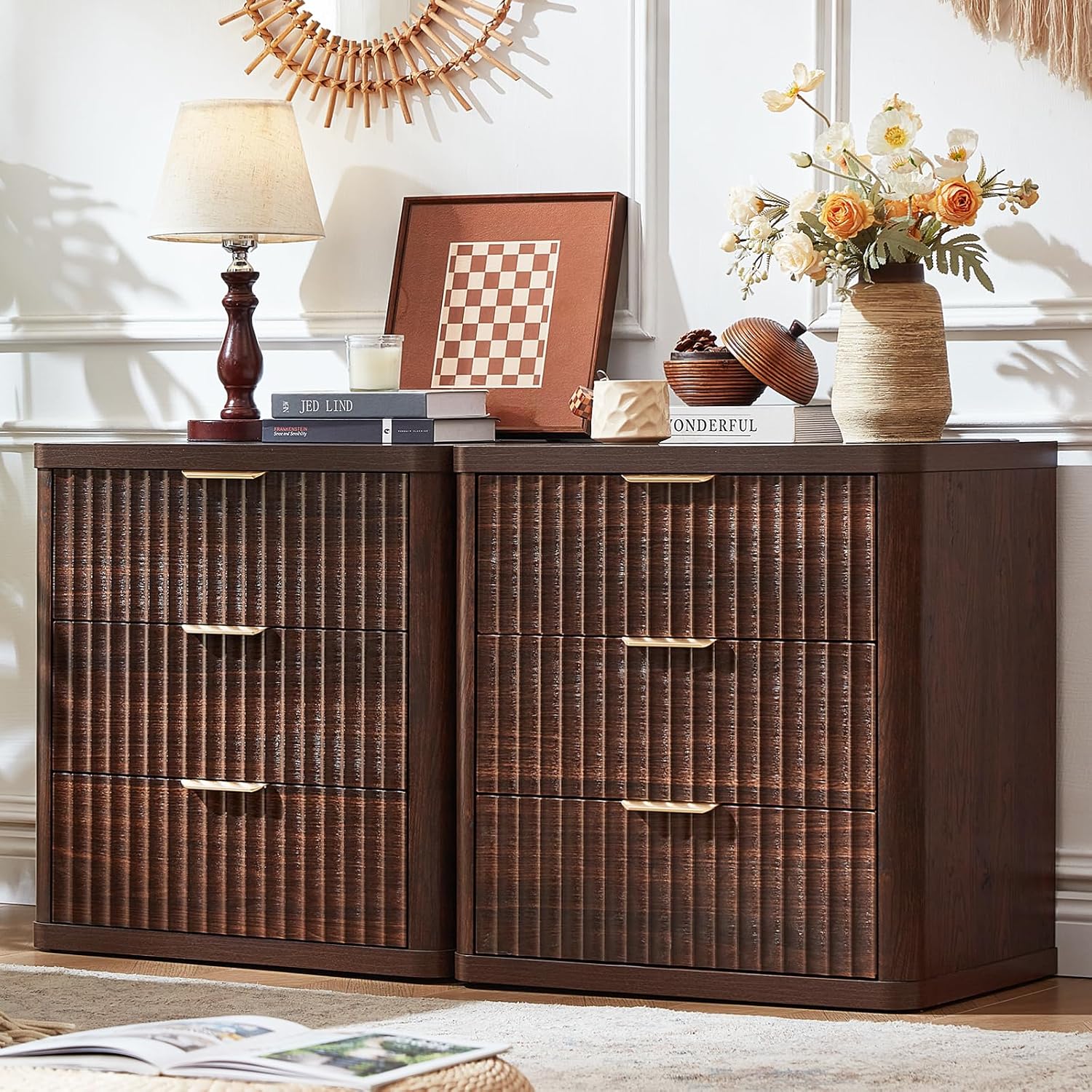LEYAOYAO Fluted Farmhouse Nightstand Set of 2 with Charging Station, 23 Wide 3 Drawers Night Stand,Walnut Dresser for Bedroom,Bed Side Table Chest of Drawers,Wood End Table for Living Room