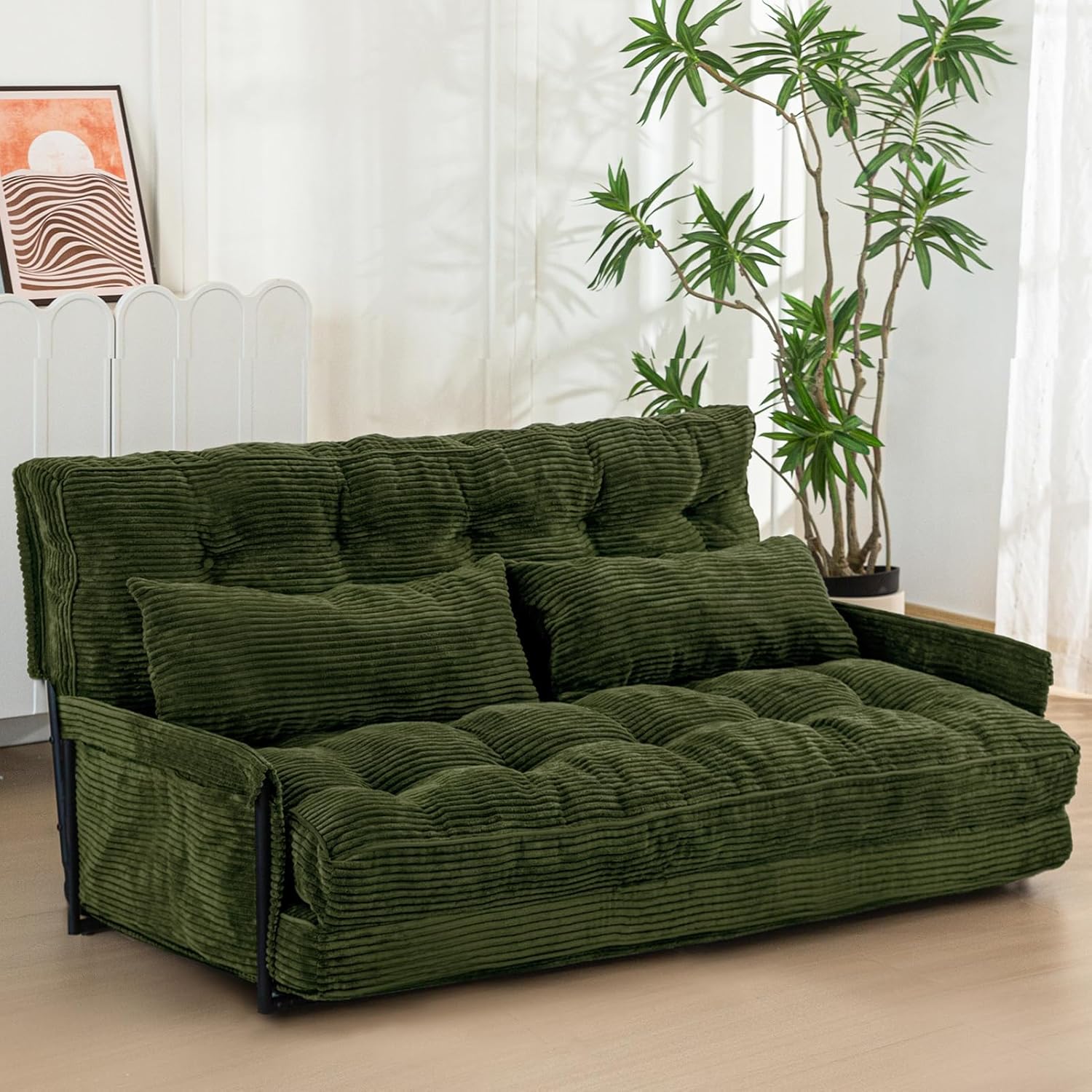 MAXYOYO Adjustable Floor Sofa Couch with 2 Pillows, Multi-Functional Bean Bag Bed, 5-Position Foldable Lazy Sofa Sleeper Bed with Armrest, Versatile Floor Seating for Reading, Dark Green, Double