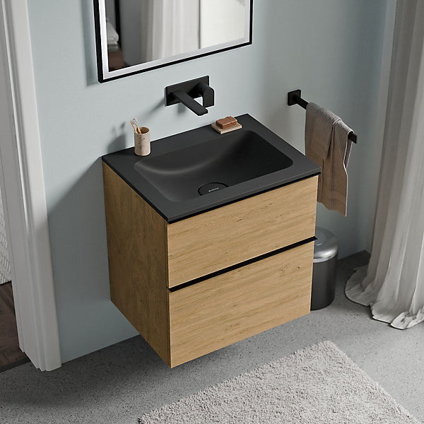 Meuble vasque suspendu MDF Chêne miel, lavabo fonte Noir mat sans trou robinet, poignée Antracite mat - 60x46x62cm - LAVOA