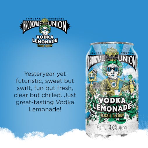 Brookvale Union Vodka Lemonade, Refreshing Pre-Mixed Drink, 4% ABV, 330mL (Case of 24 Cans)