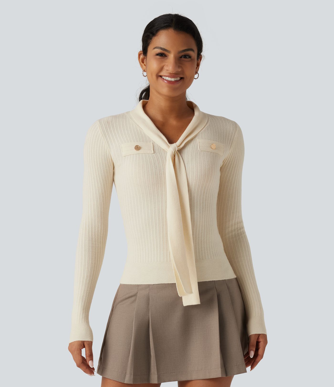 Pull de bureau slim à col V, manches longues et lien devant