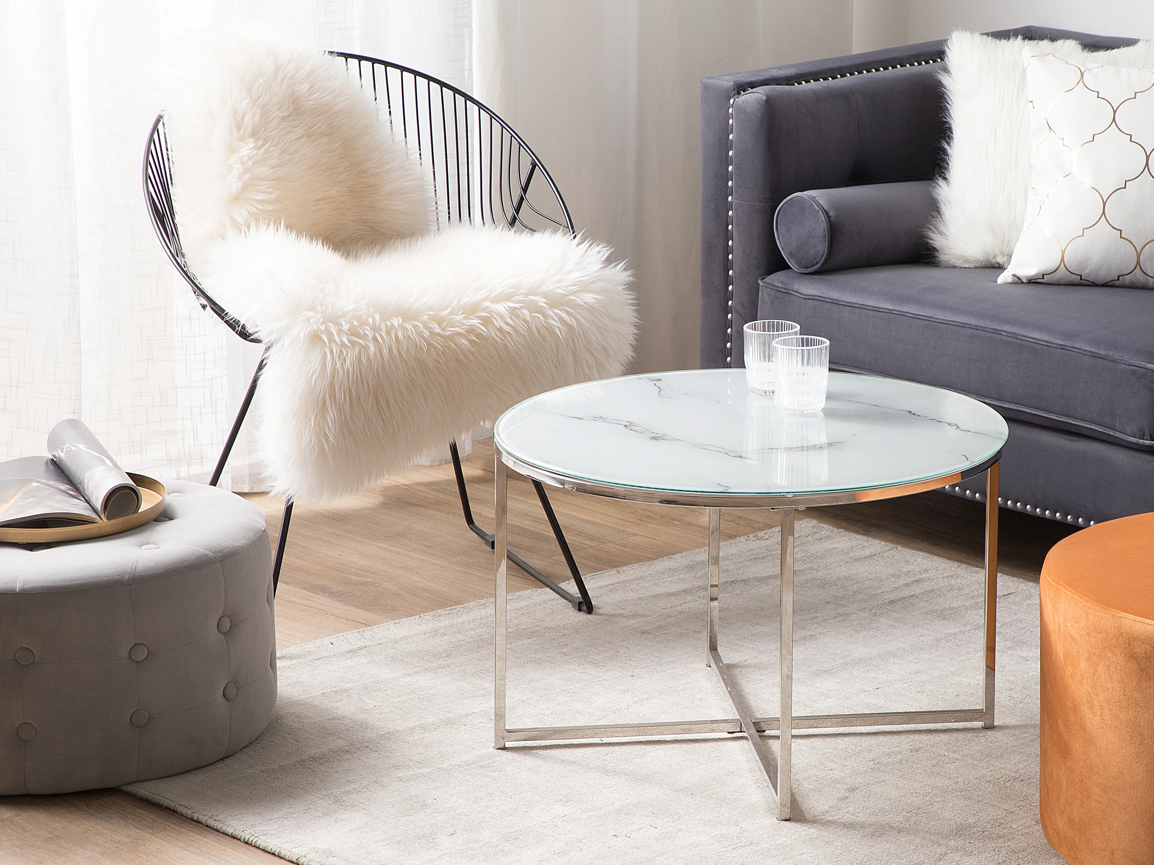 Coffee Table QUINCY Tempered Glass Marble/ Silver