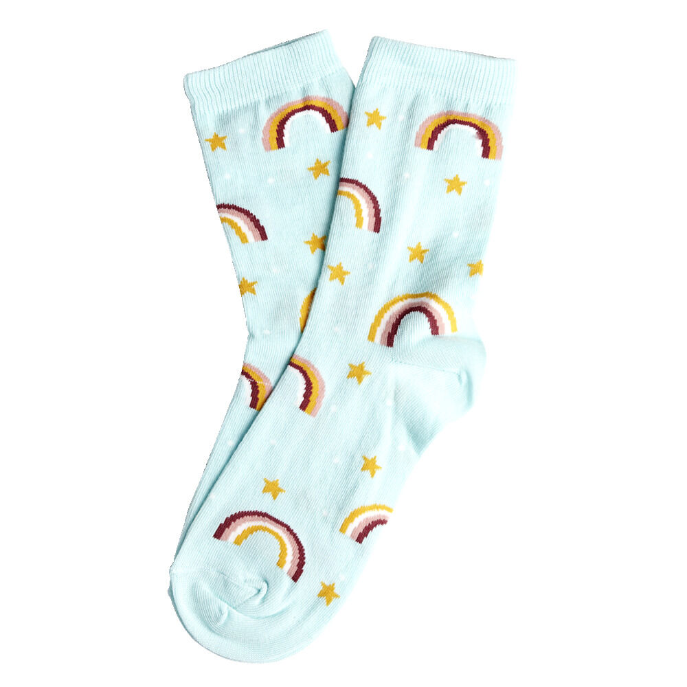Chaussette femme polycoton tige longue bleu motif arc-en-ciel T36/40