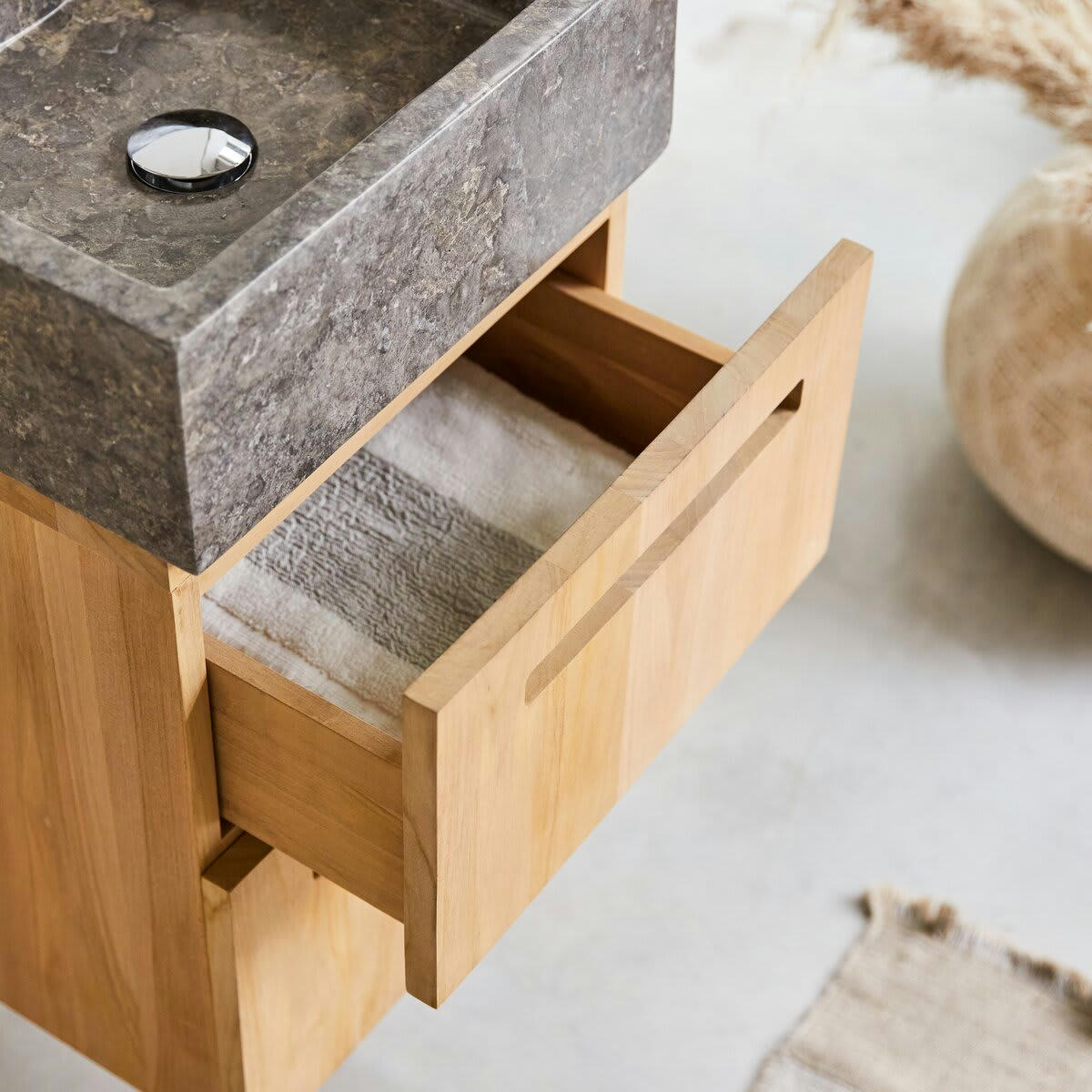 LINE - Meuble salle de bain en teck massif et marbre 40 cm