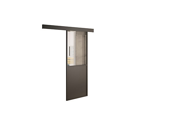 Kit porte coulissante en applique Contemporain noir cadre en aluminium et verre transparent H 204 x 83 x 3,6 cm