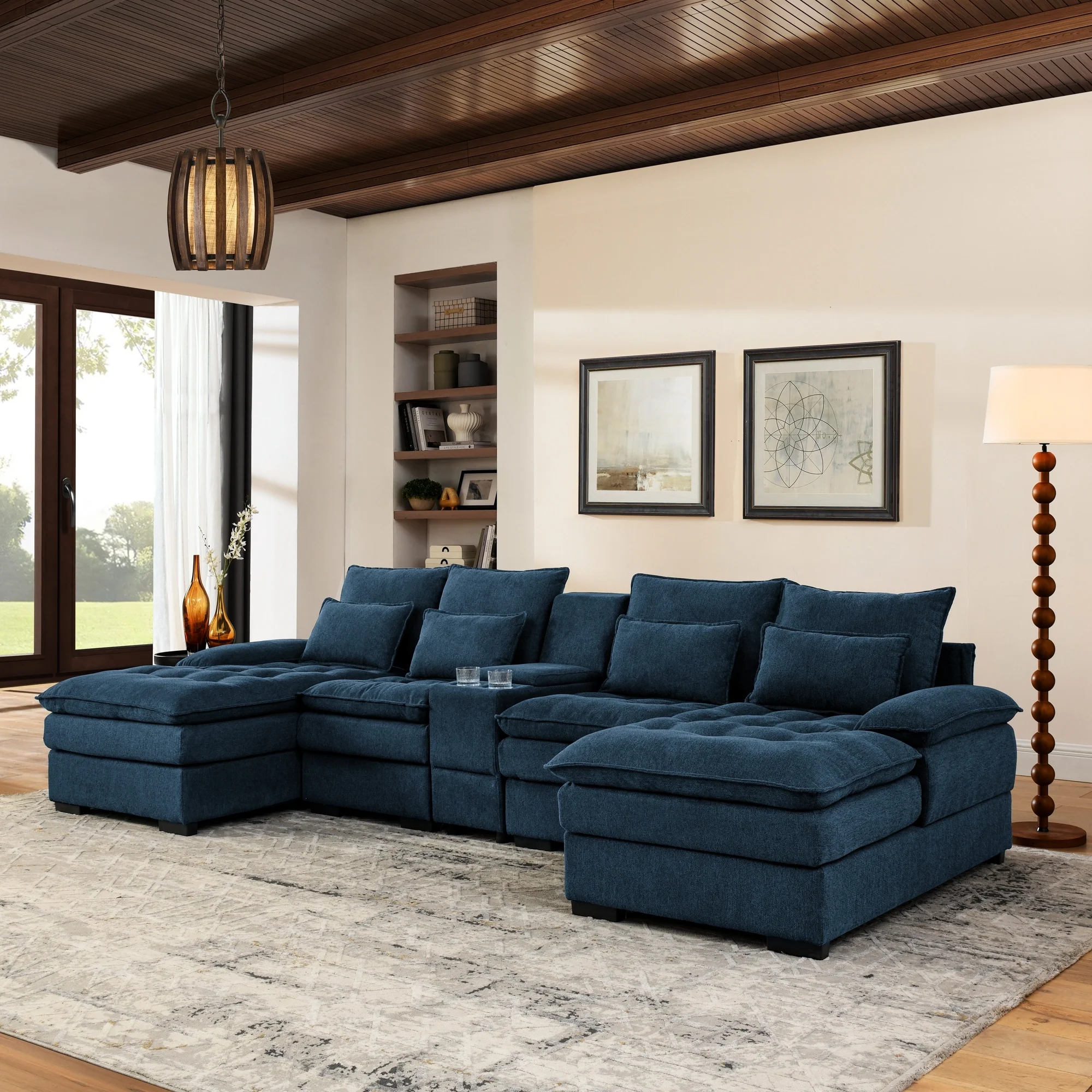 130 Console U-Shaped Sectional Sofa with Cupholders & Chaise