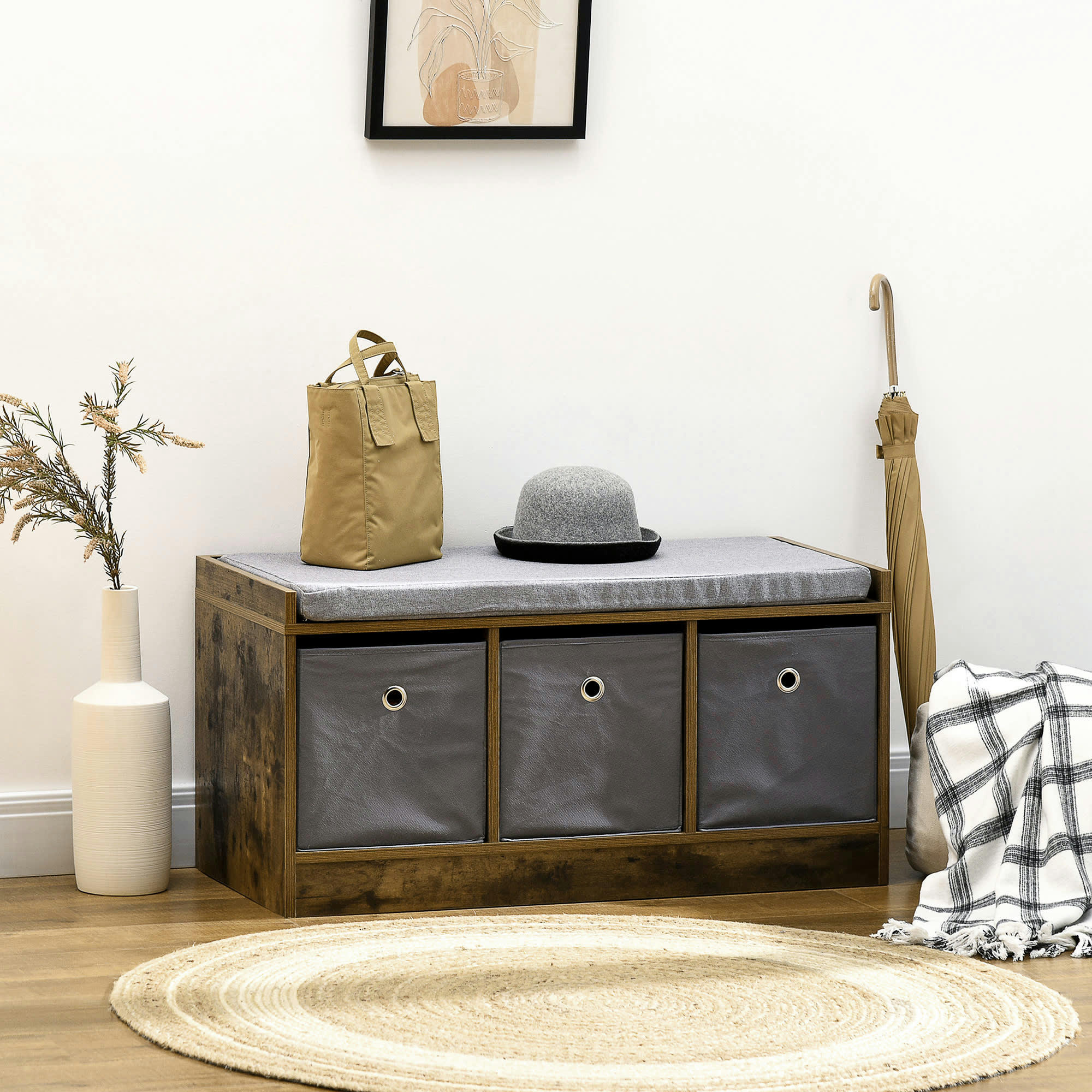 - Banc à chaussures industriel - 3 tiroirs, coussin - aspect vieux bois