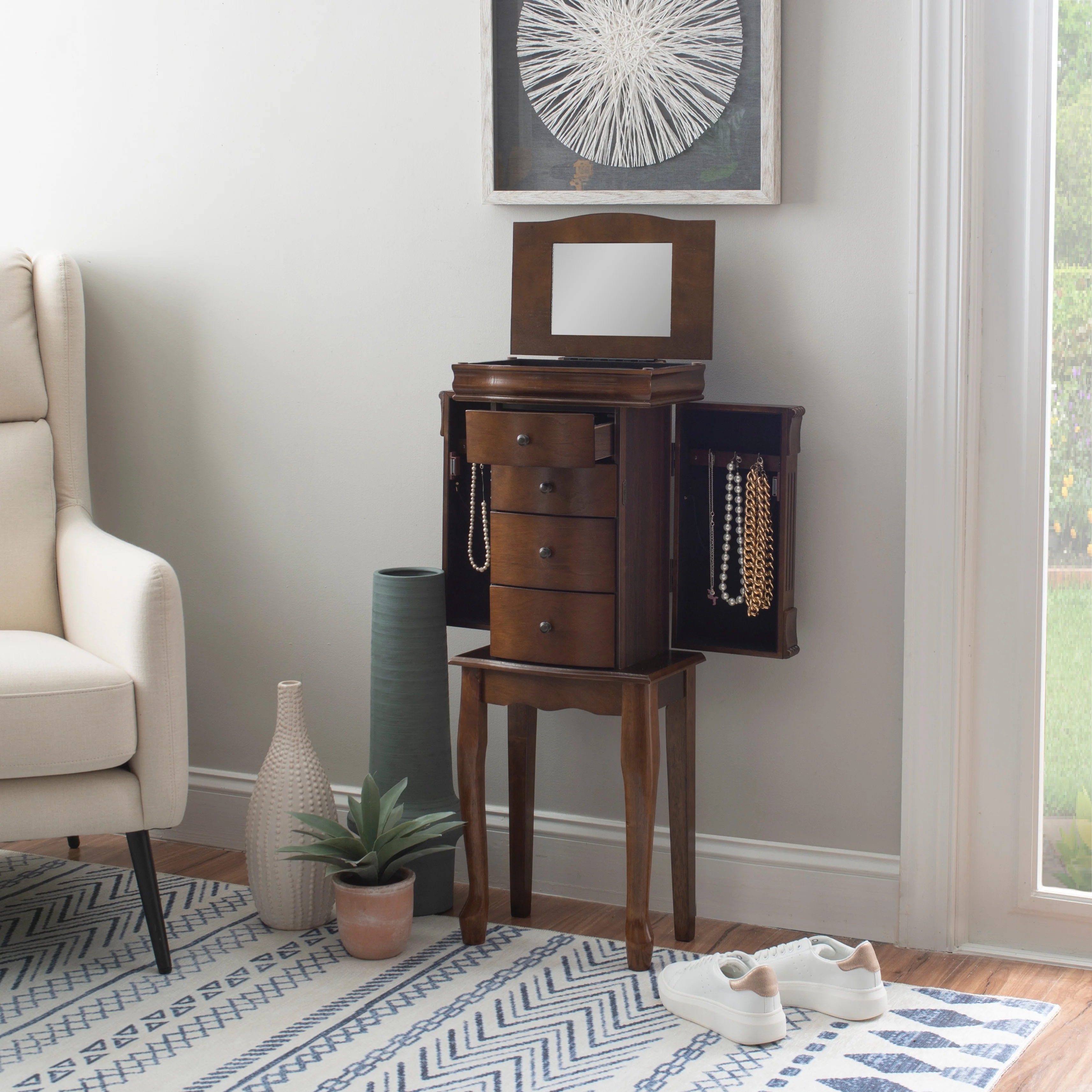 Serena Mirrored Walnut Standing Jewelry Armoire