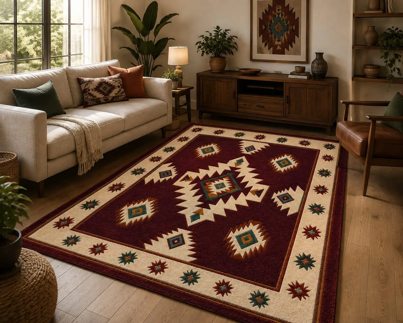 Ultra Luxury Southwestern Area Rug Burgundy Southwestern Rug Southwestern Decor Living Room Tribal Rug Boho Native American Style Area Rug