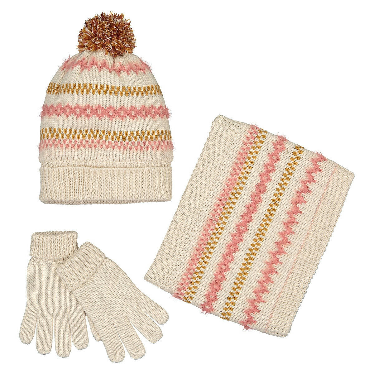 Ensemble bonnet à pompon + snood + gants