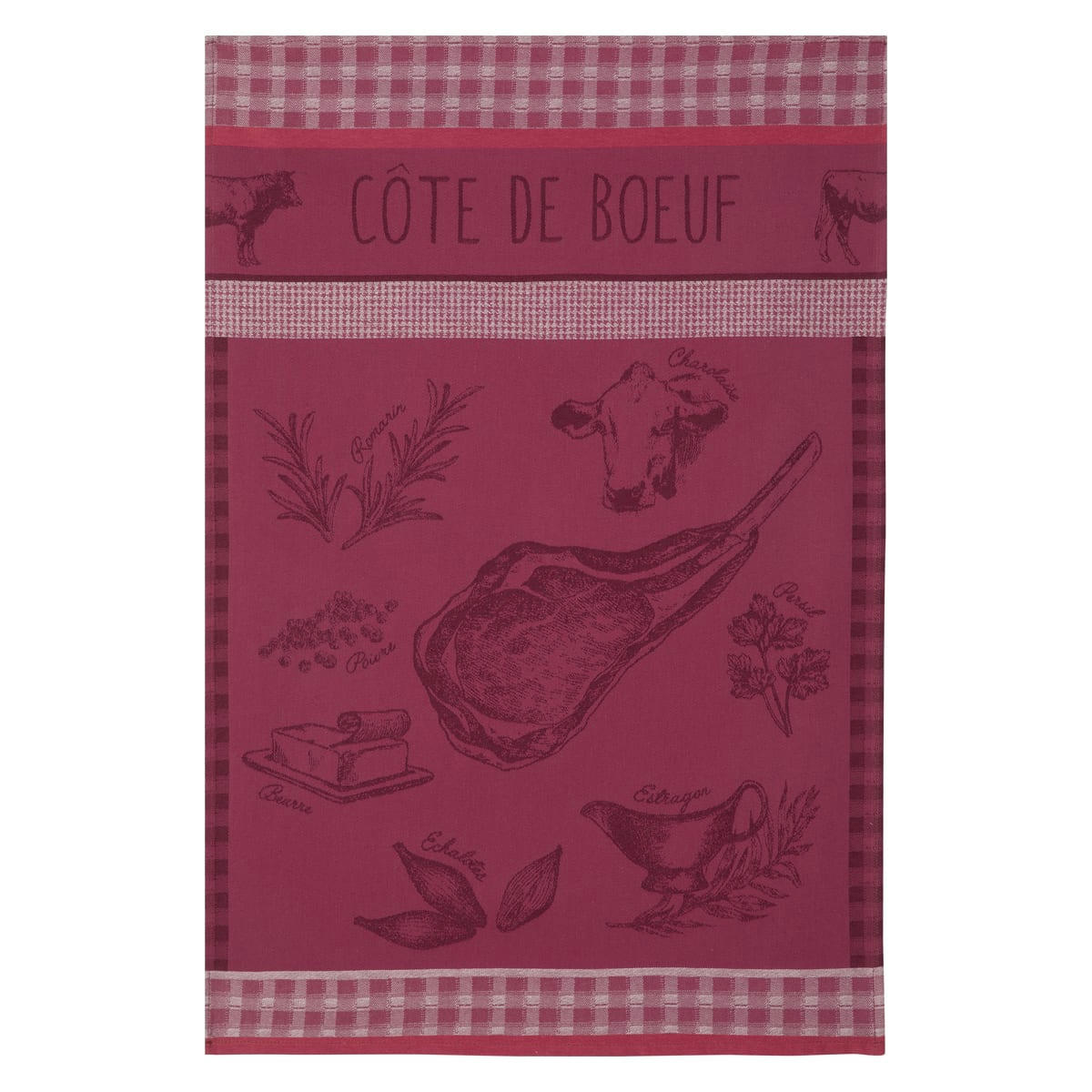 CÔTÉ DE BŒUF - Torchon en jacquard de coton prune 50x75