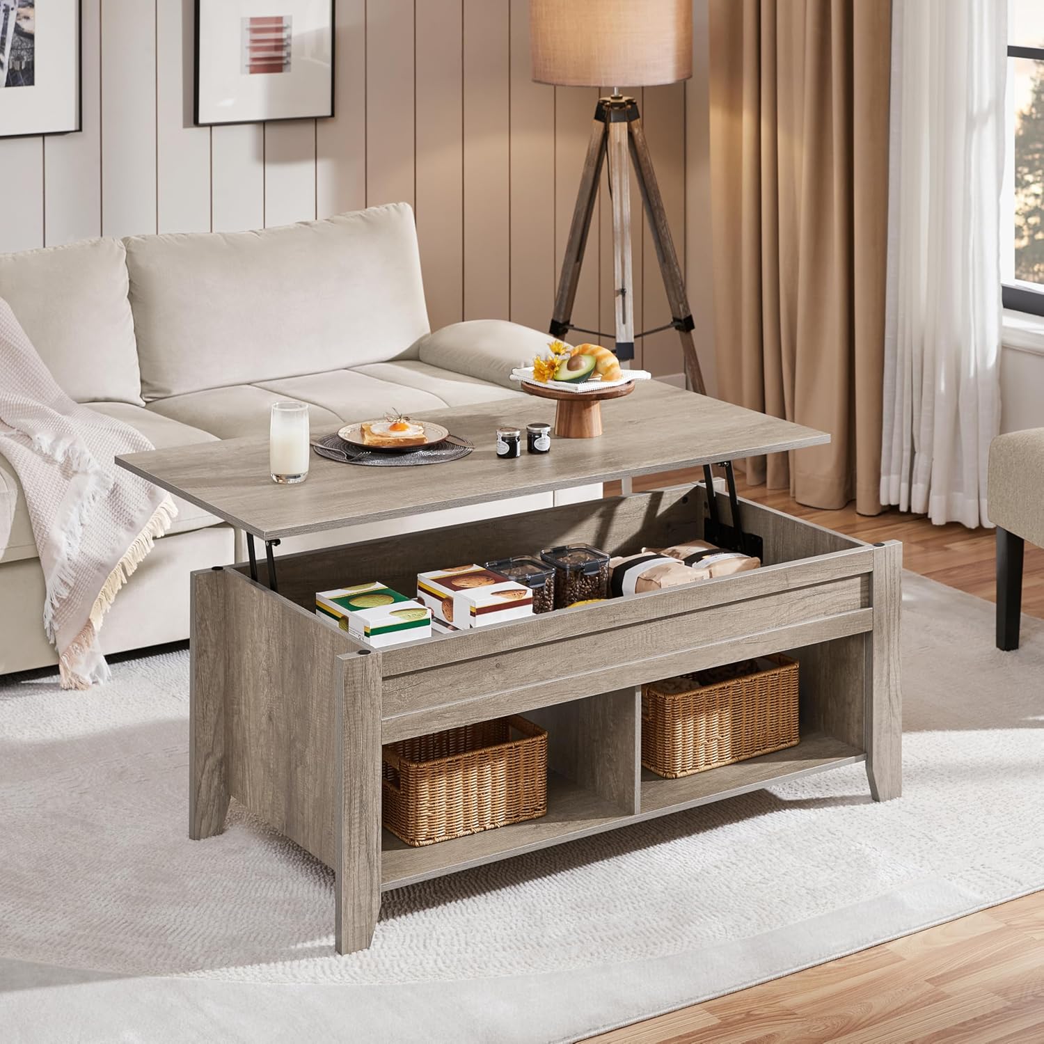 Yaheetech Lift Top Coffee Table with Hidden Storage Compartment & Lower Shelf, Lift Tabletop Farmhouse Table for Living Room Office Reception, 47.5in L, Gray