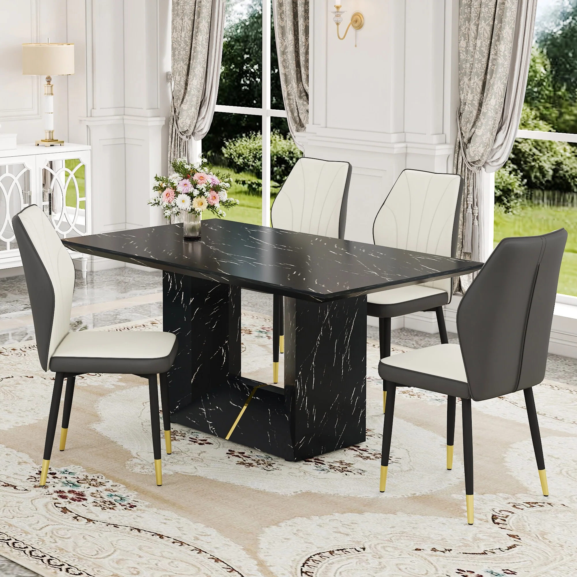 5-Piece Dining Table Set with PU Leather Upholstered Chairs, 63 Modern Dining Room Table Set for 4 for Home