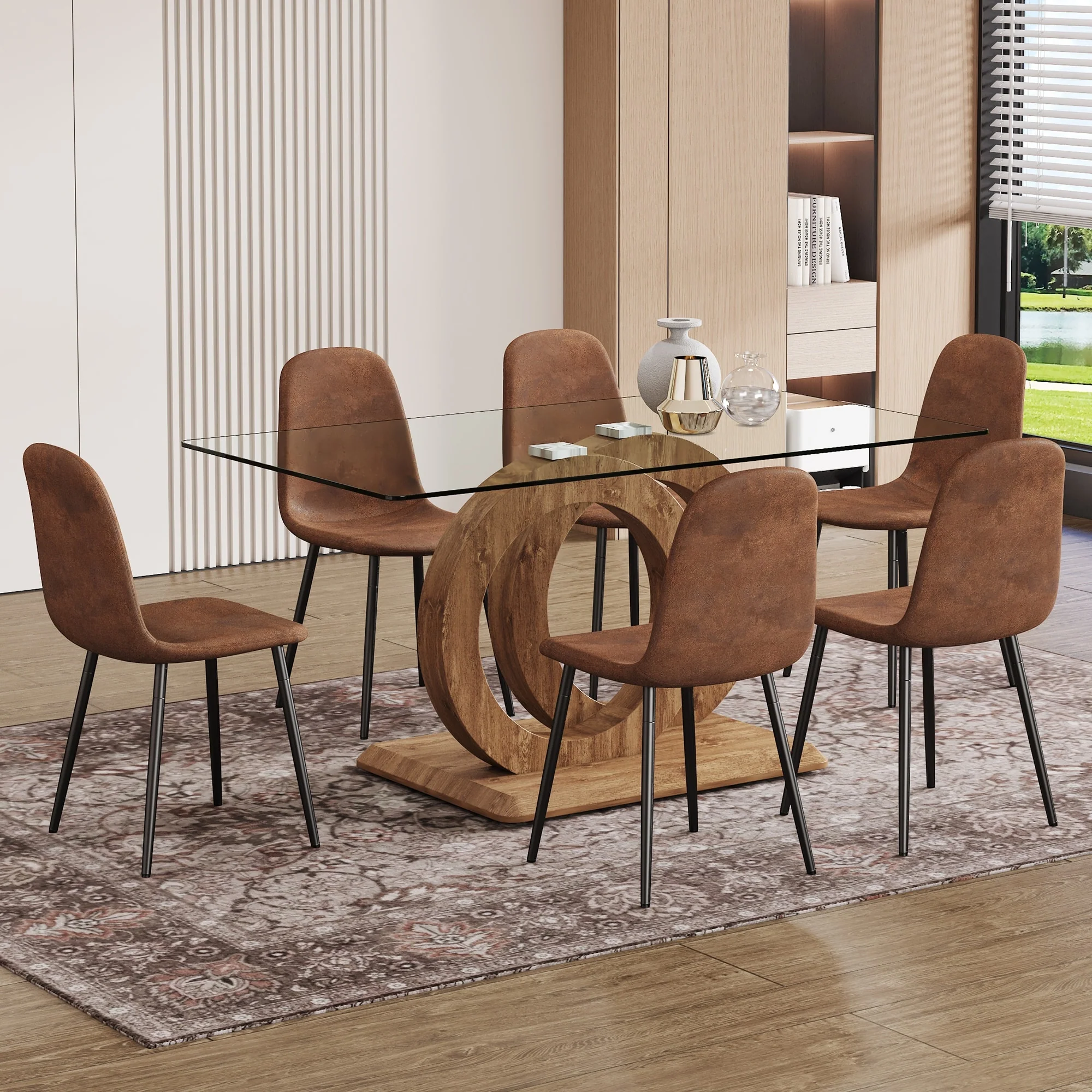 Clear Tempered Glass Dining Table Set with Wood Grain OC-Shaped Base and Technology Fabric Upholstered Chairs