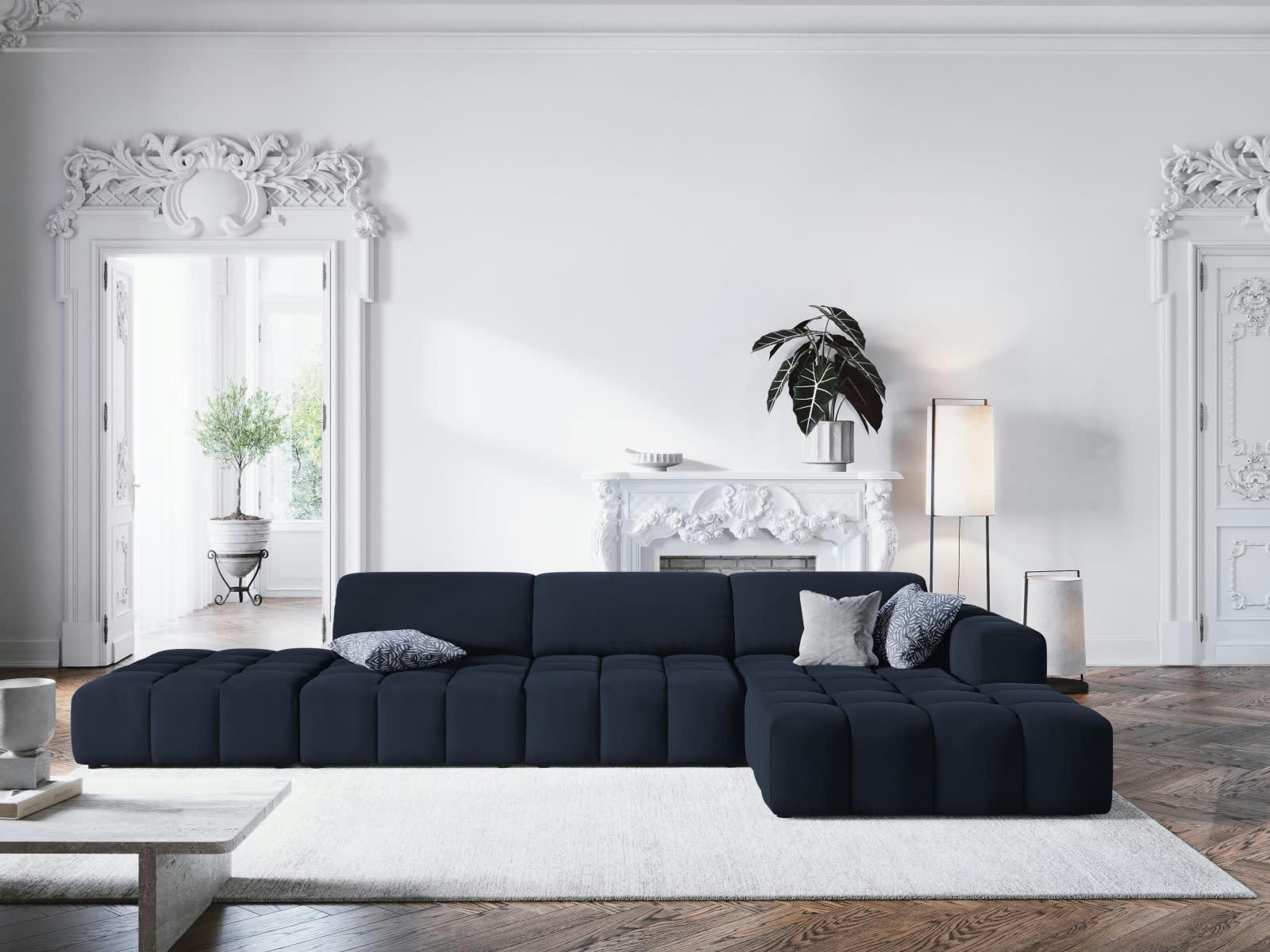 LUC - Canapé d'angle droit 5 places en tissu velours bleu foncé