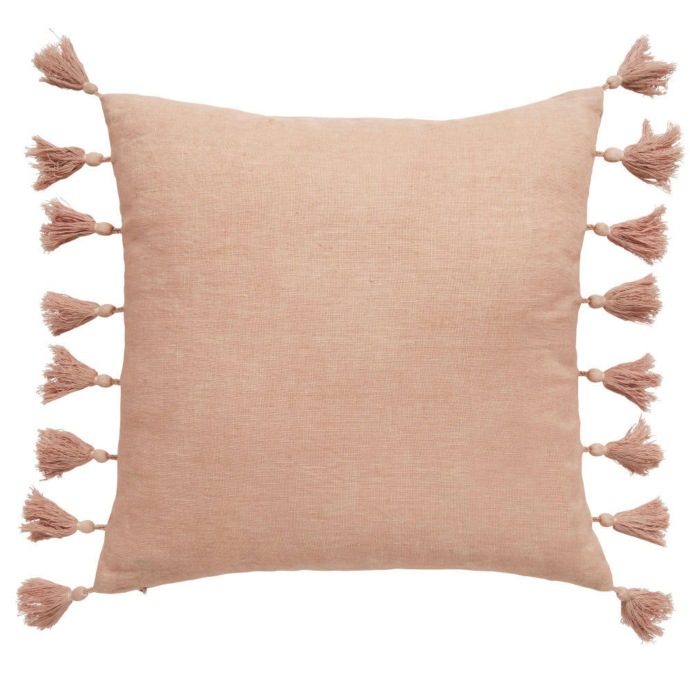 FASNIA - Coussin en lin corail et broderies gris anthracite 45x45