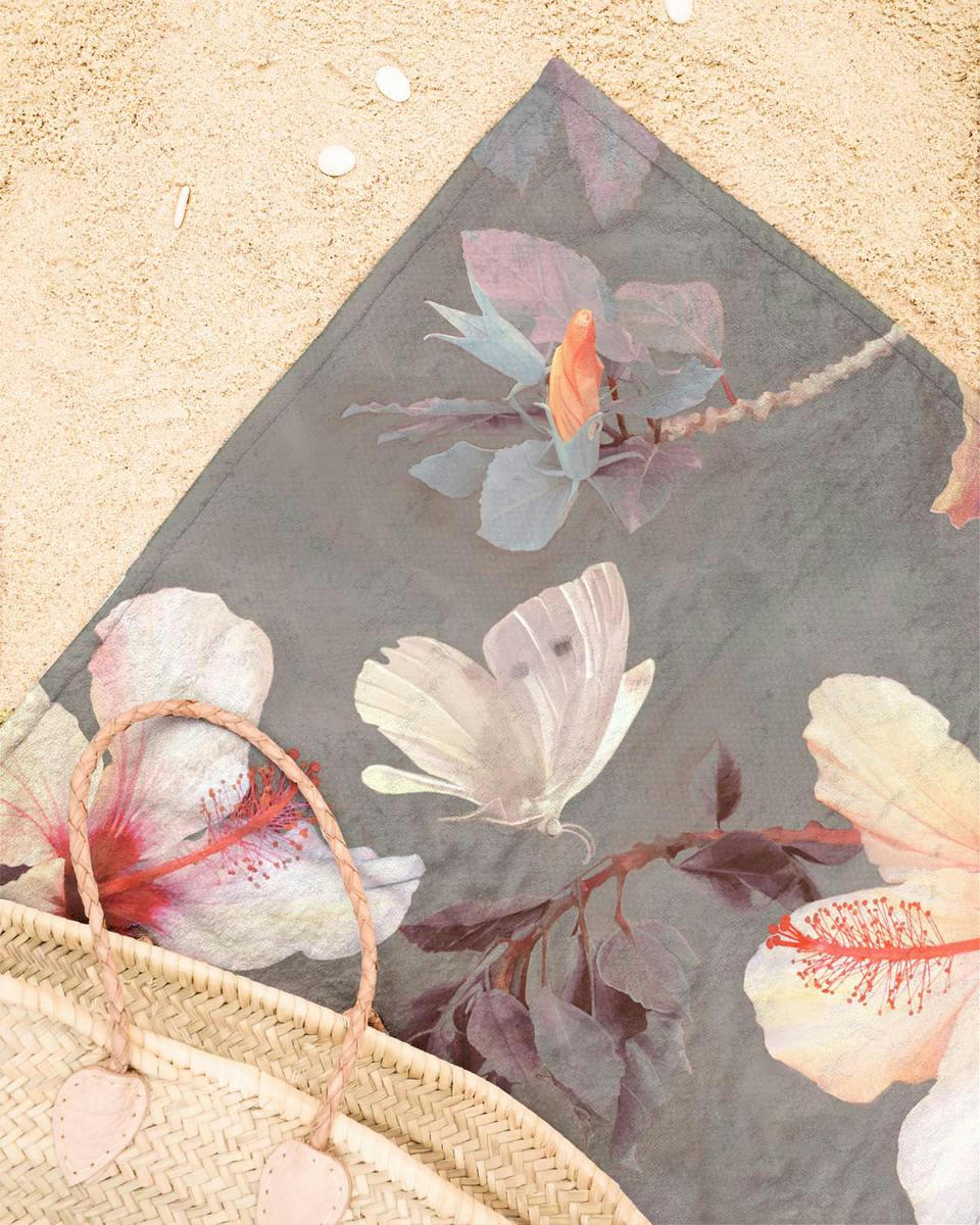 CORAL HIBISCUS - Serviette de plage en éponge-velours en blanc ivoire & marron 90x180