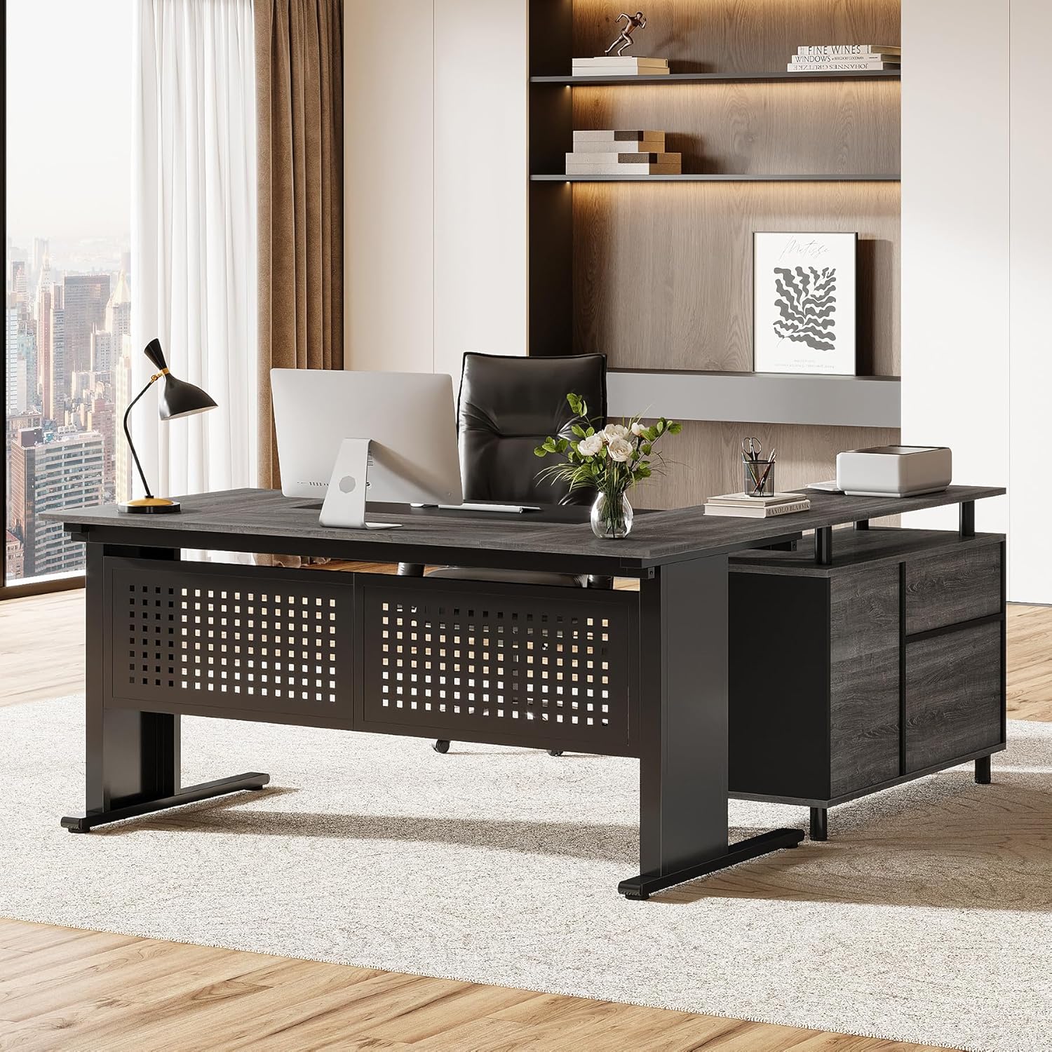 Tribesigns 63-Inch L-Shaped Executive Desk with Storage Shelves, Large Office Computer Desk with Drawers and File Cabinet, Industrial Business Workstation for Home Office, Gray and Black