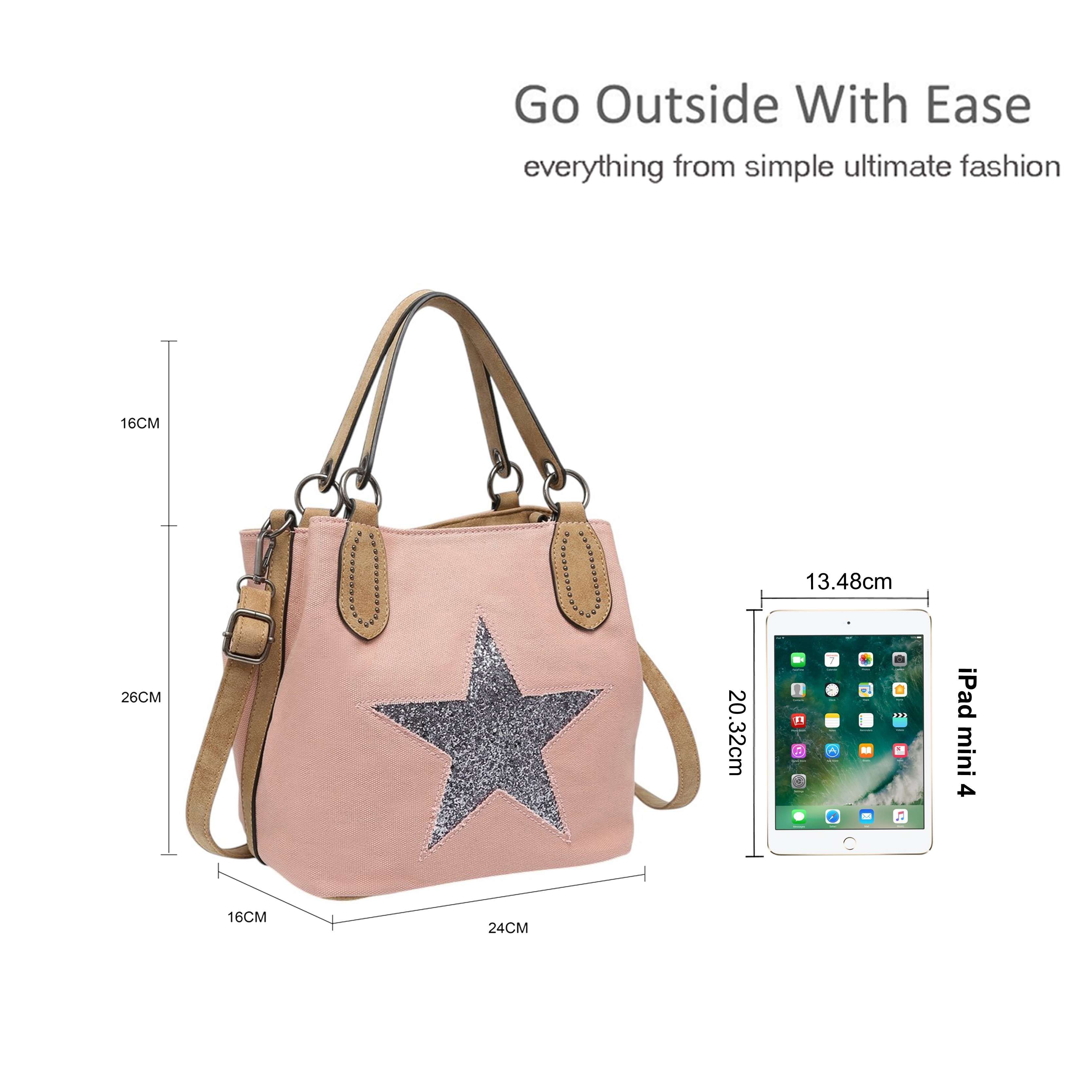 Kitise Trendy Canvas Tote with Glitter Star Adjustable Strap and Dual Handles