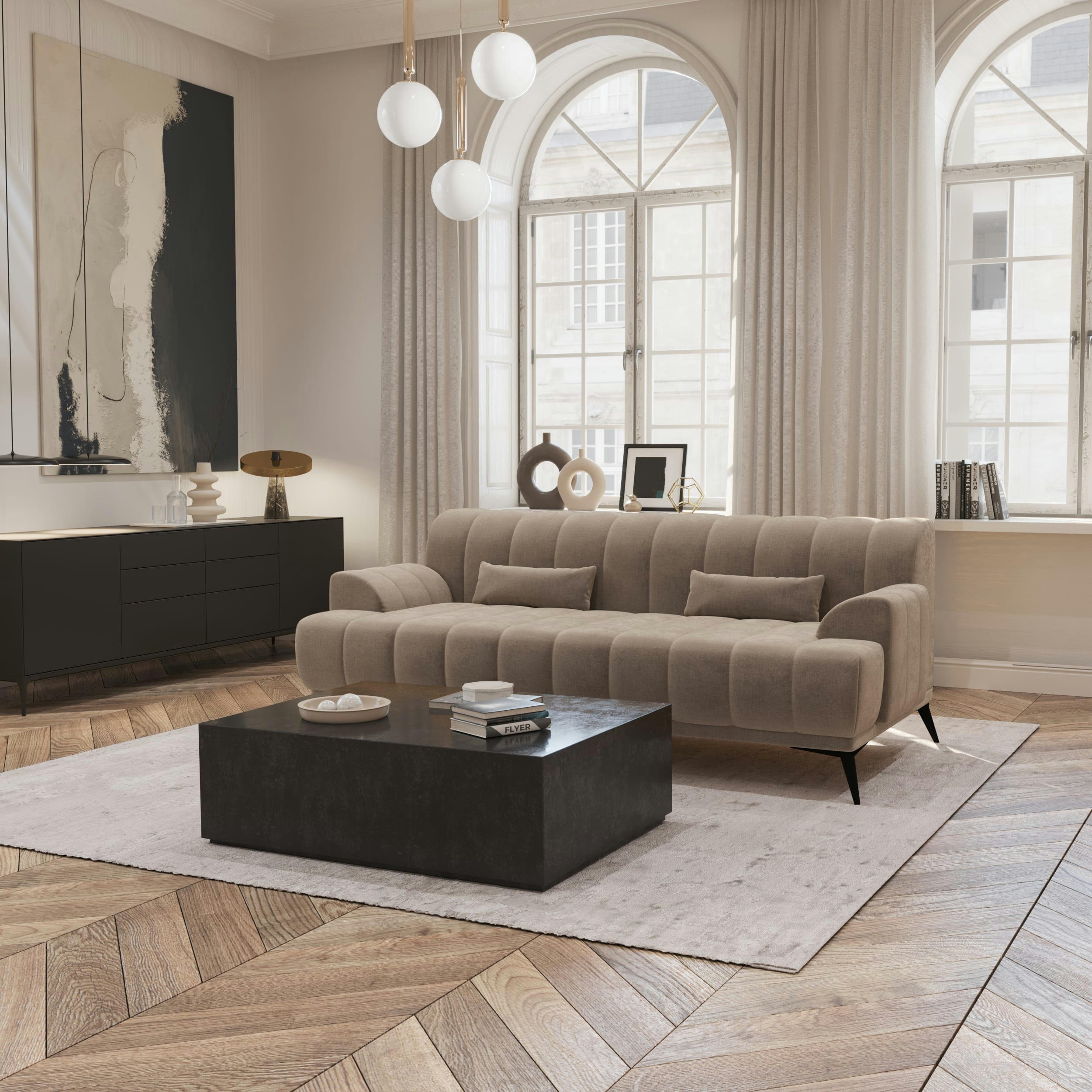 NOAH - Canapé 3 places  tissu velours taupe